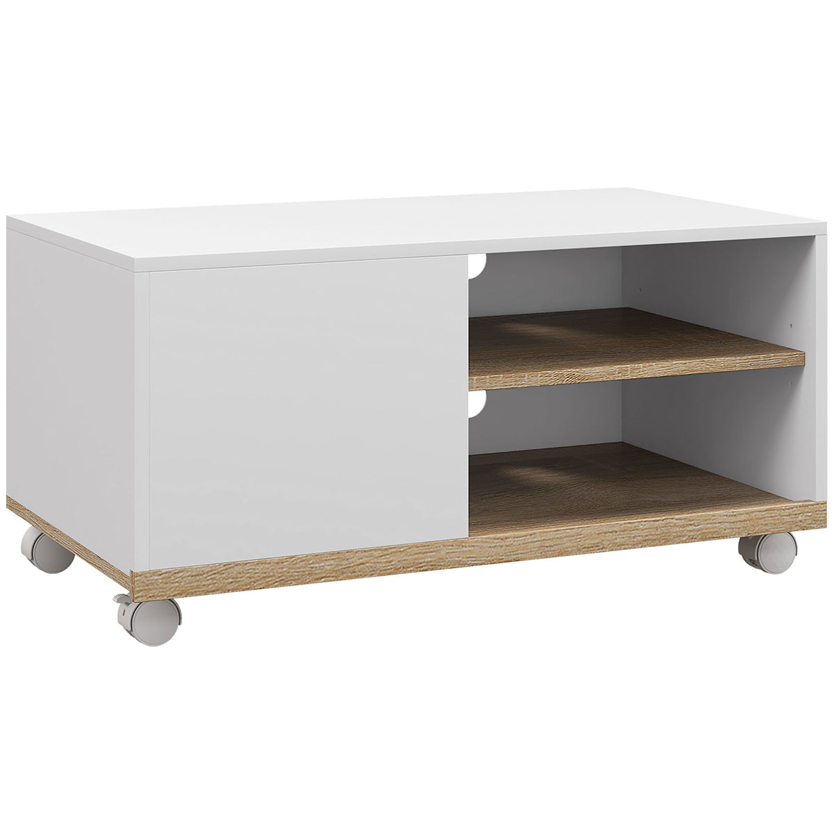 Meuble TV sur roulettes avec 2 Freins - 2 niches + Placard Porte 2 Passe-Fil - en bois Blanc chêne Clair