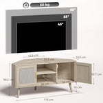 Meuble TV d'Angle 115 cm, Meuble Télé pour Téléviseur jusqu'à 65 Pouces, 2 Portes en Rotin  2 Compartiments, Chêne