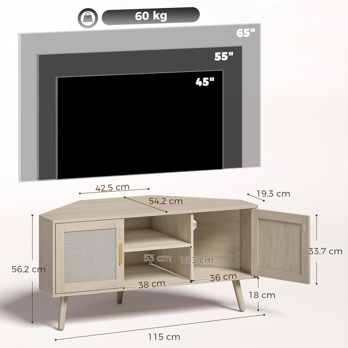 Meuble TV d'Angle 115 cm, Meuble Télé pour Téléviseur jusqu'à 65 Pouces, 2 Portes en Rotin  2 Compartiments, Chêne