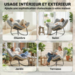 Fauteuil à bascule de jardin pour intérieur et extérieur, rocking chair en résine tressée avec coussin moelleux, gris