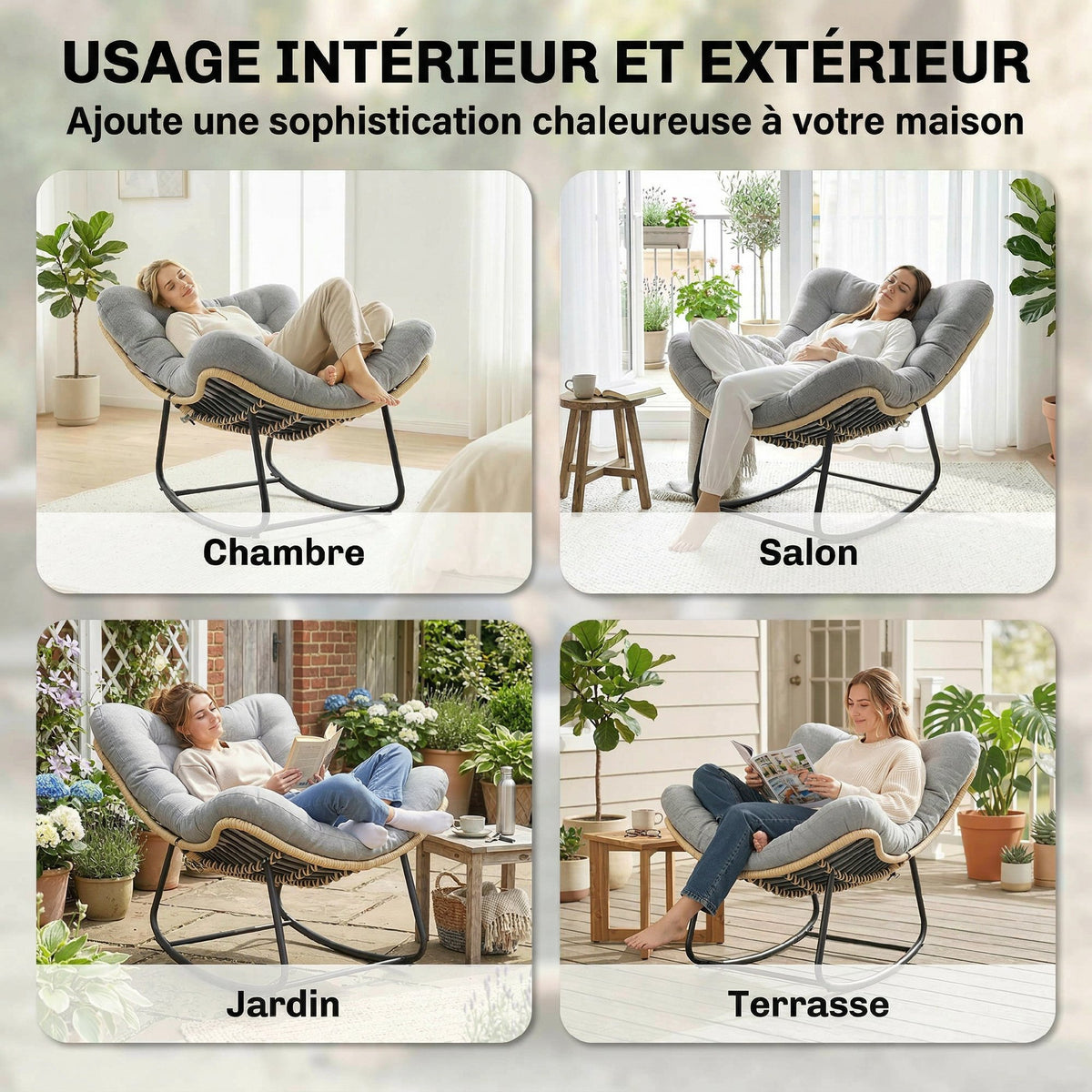 Fauteuil à bascule de jardin pour intérieur et extérieur, rocking chair en résine tressée avec coussin moelleux, gris