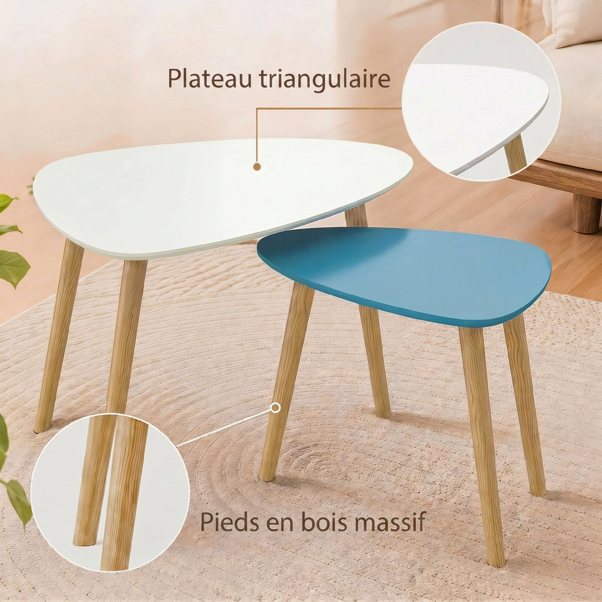 Set di 2 tavolini da salotto nidificanti design scandinavo, gambe in legno e piano in legno, bianco e blu