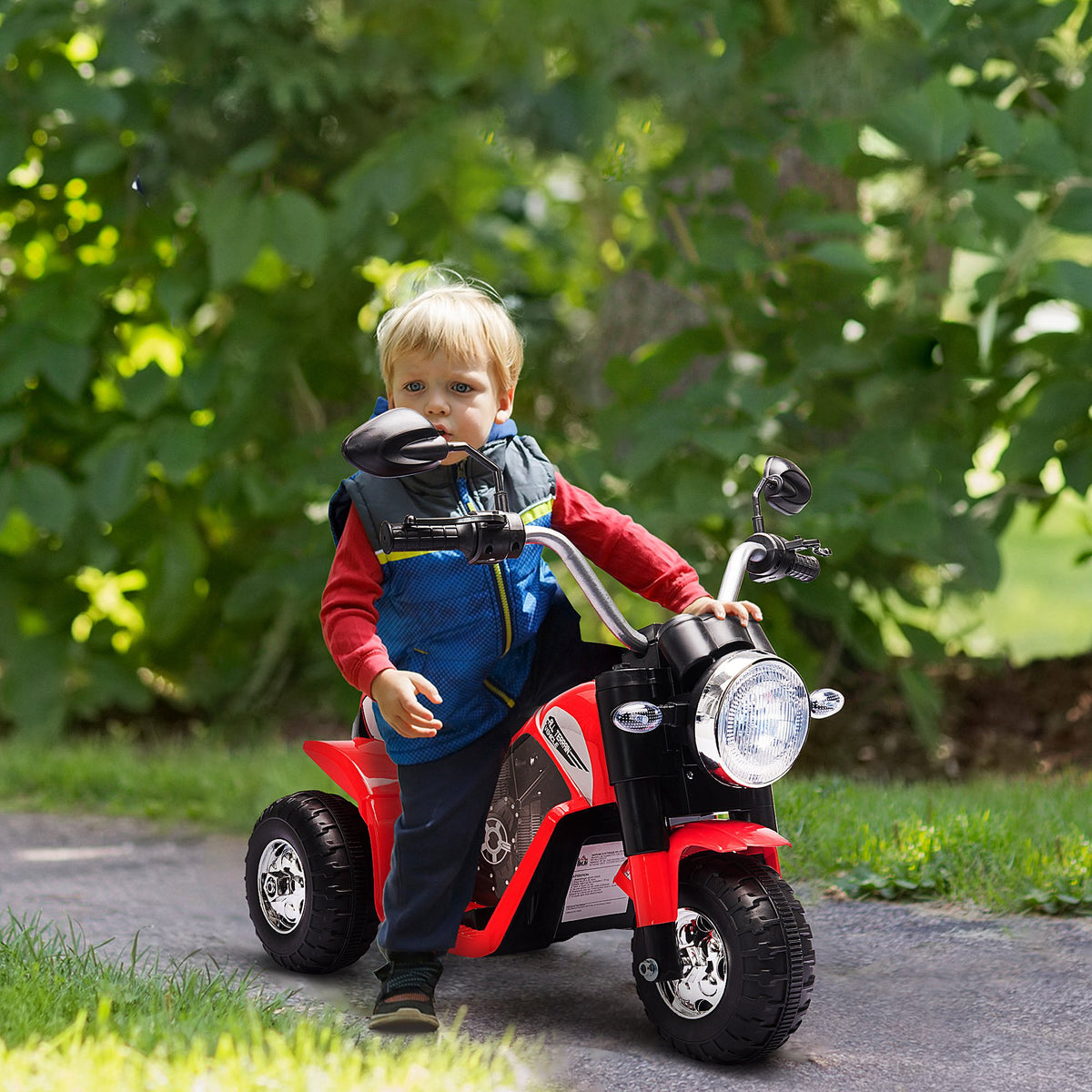 Elektrisches Kinder-Chopper-Geländemotorrad 6 V 20 W, Vorwärts- und Rückwärtsgang, 3 Räder, Licht- und Soundeffekte, Rot-Schwarz