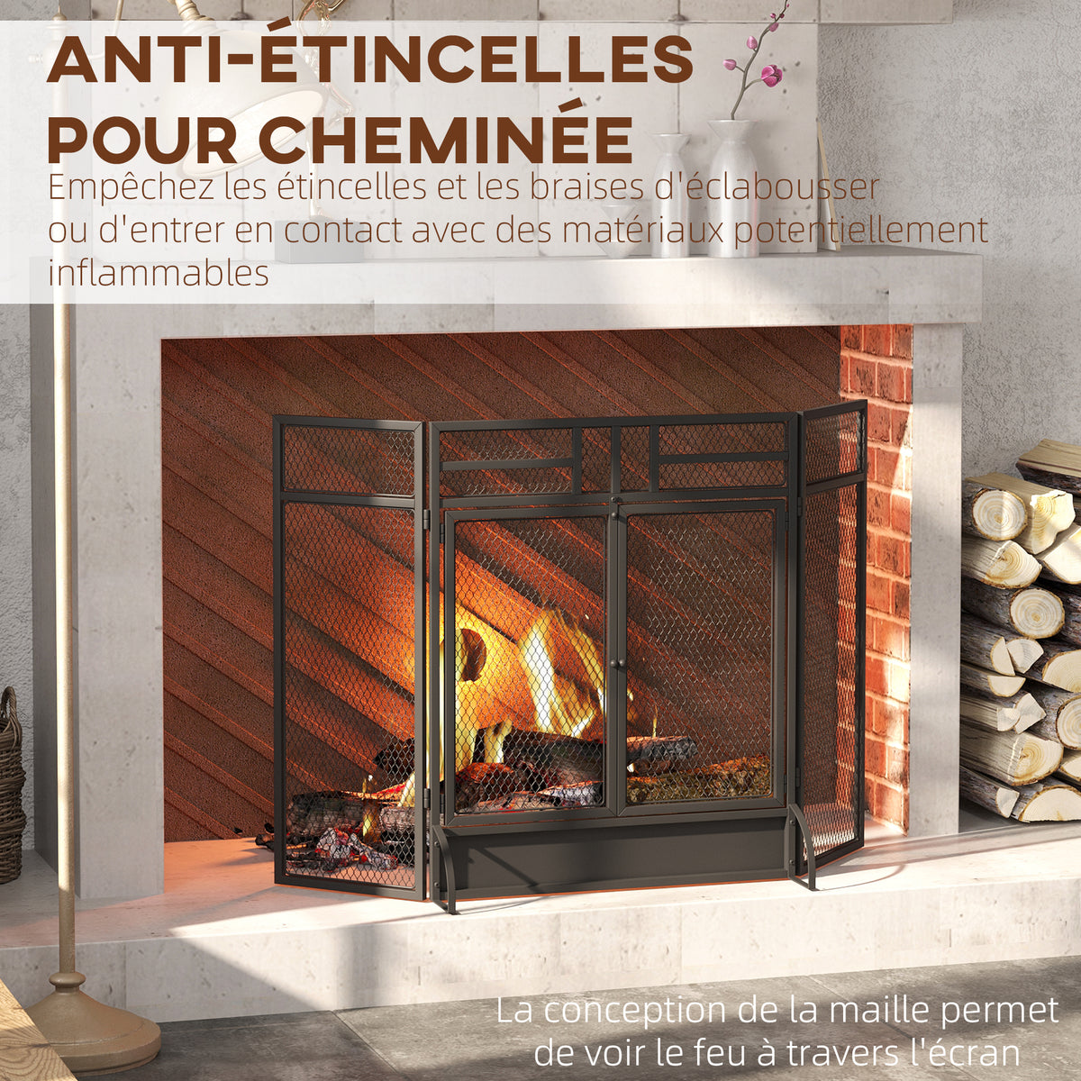Pare-étincelles grille de protection pour cheminée pare-feu barrière de sécurité 3 volets pliables et porte 120 x 79 cm