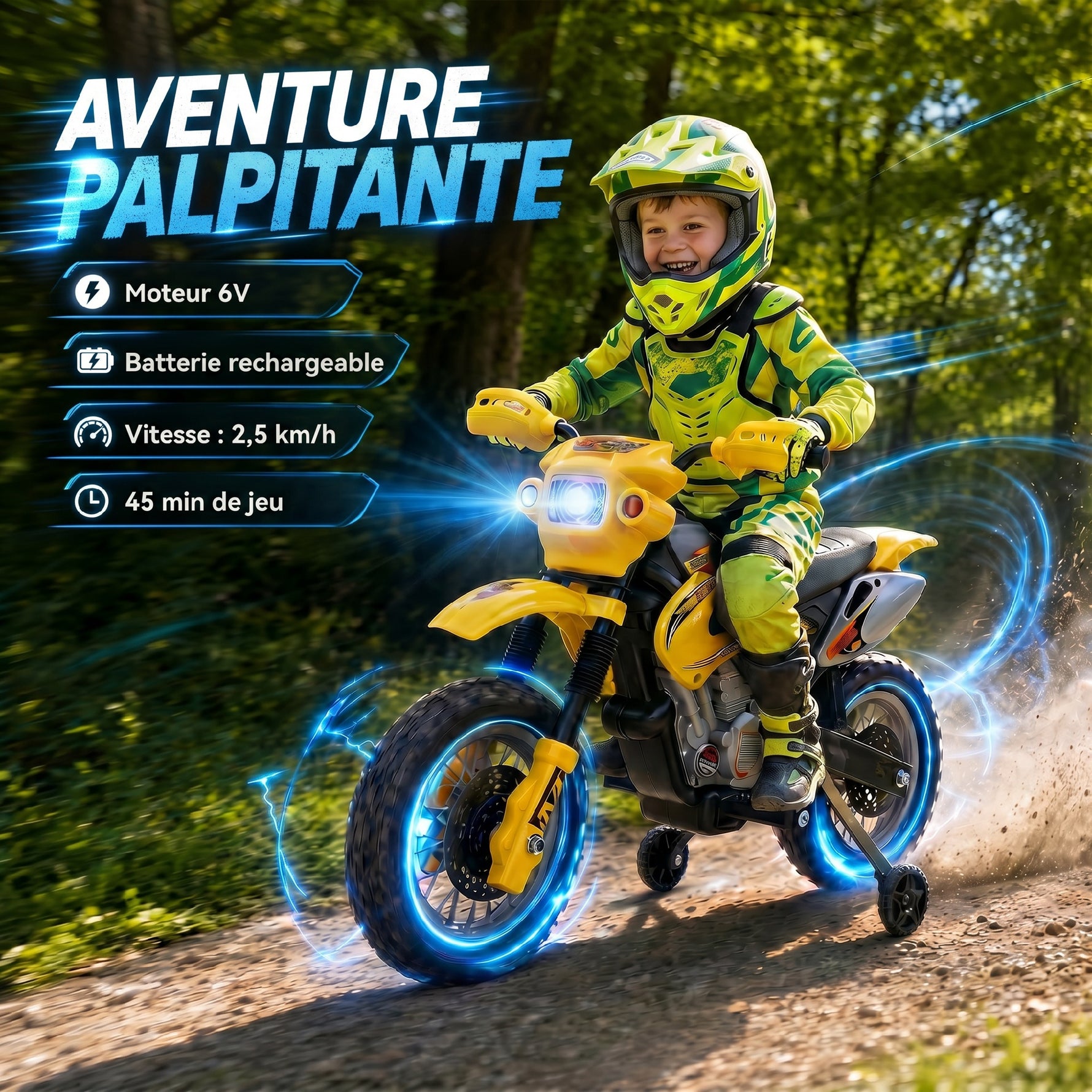 Moto électrique enfants, moto cross pour enfants avec batterie 6 V, phares, musiques et roues d'entraînement, 3 à 6 ans, charge 25KG, jaune et noir