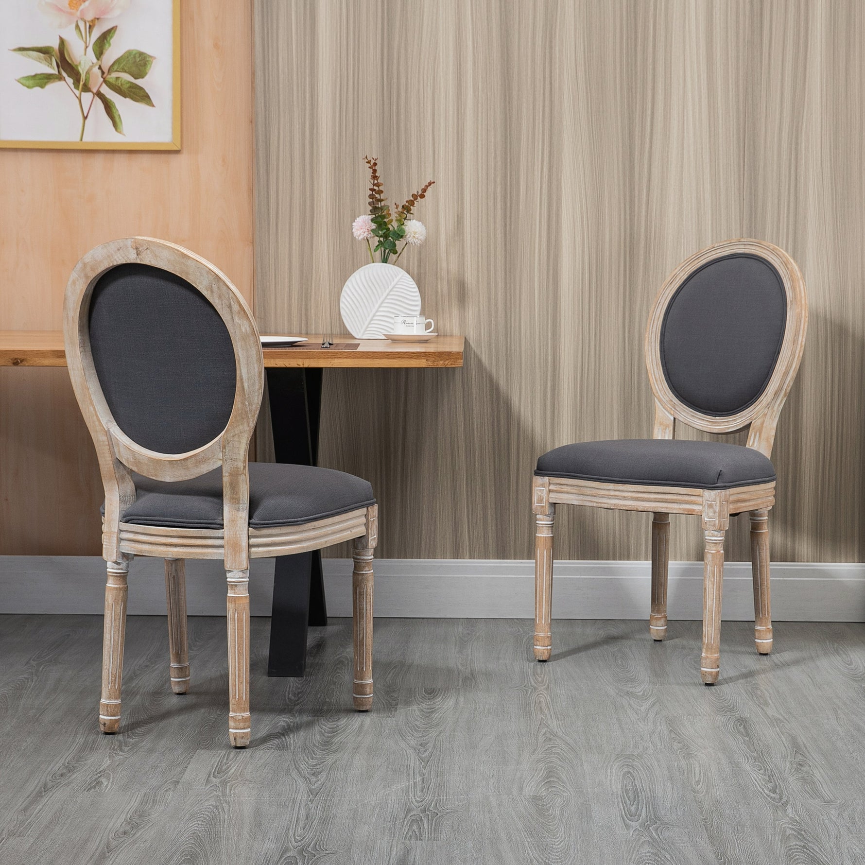 Lot de 2 Chaises de Salle à Manger, Chaises Médaillon Style Louis XVI, Assise et Dossier Rembourrés en Effet Lin, Gris