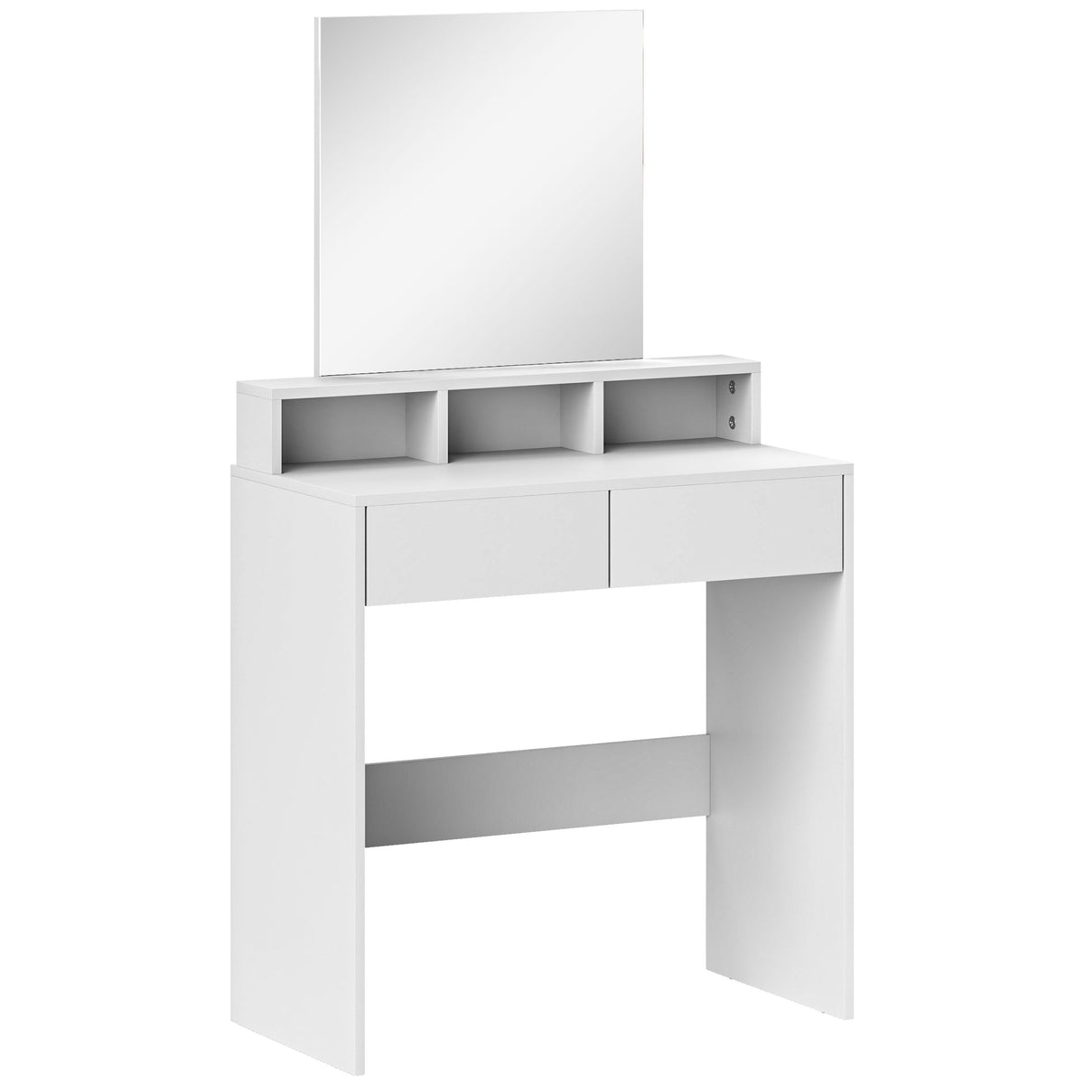 Tocador con espejo, mesa de maquillaje con 2 cajones y 3 compartimentos, estilo moderno, 75 x 38 x 135 cm, blanco