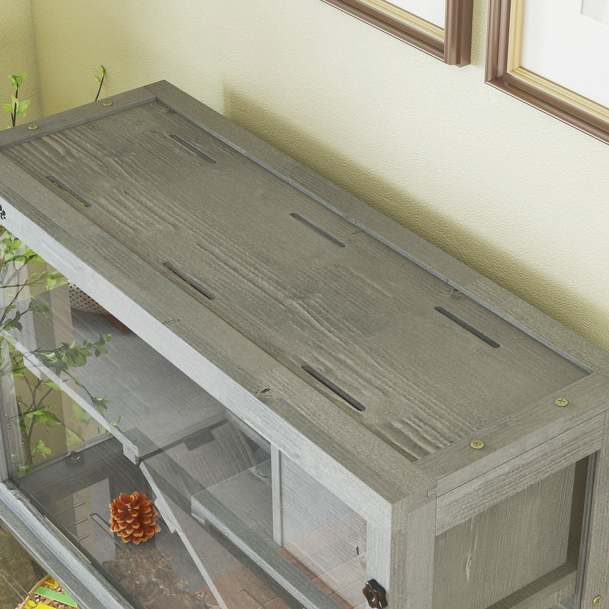 Cage Hamster en Bois, 3 Niveaux avec Cabane, Roue, Rampes, Panneau Transparent, Espaces Séparés, 80x50x84cm, Gris