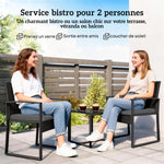 Salon de jardin extérieur en résine tressée 2 personnes, table de jardin avec 2 chaises, plateau en verre trempé, noir