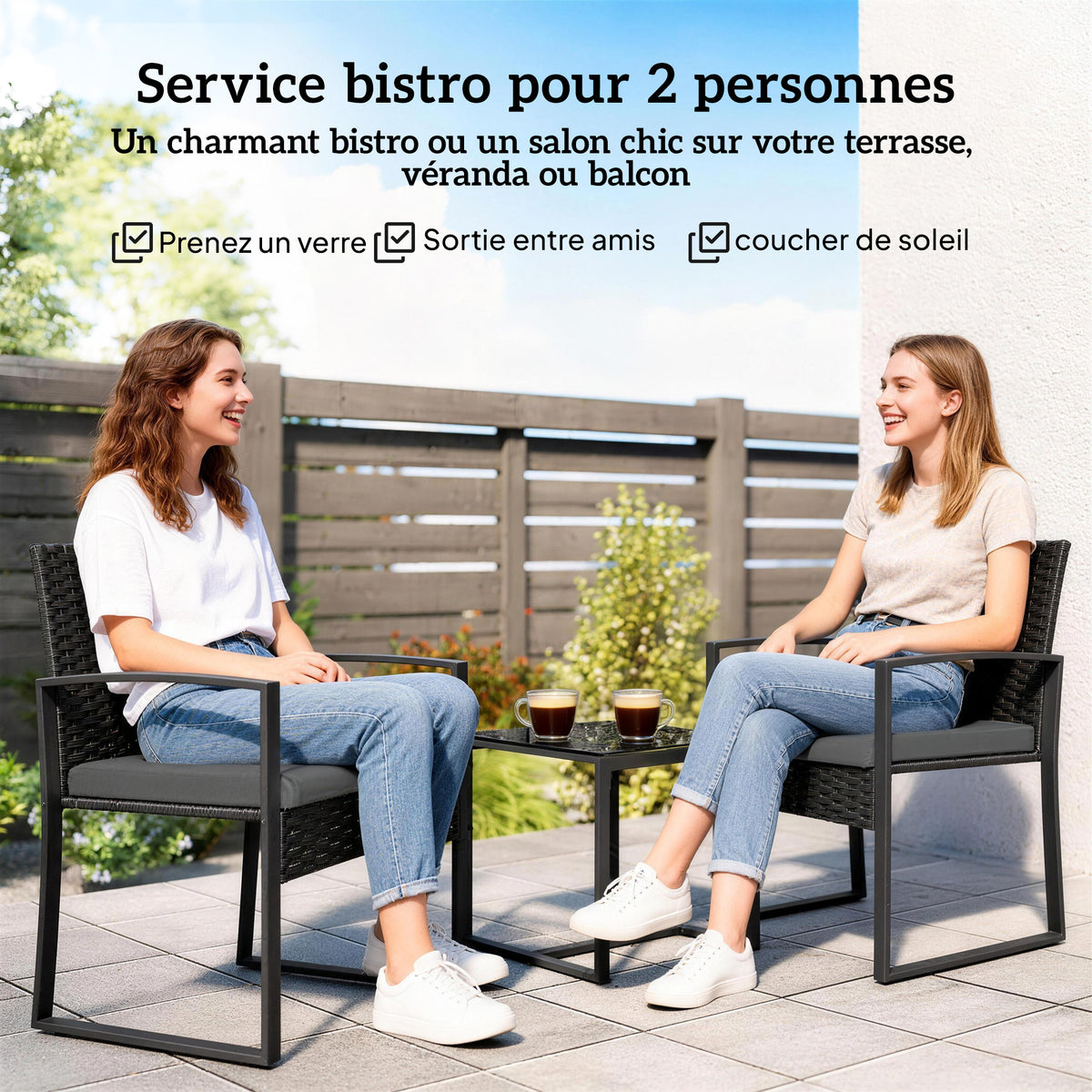 Salon de jardin extérieur en résine tressée 2 personnes, table de jardin avec 2 chaises, plateau en verre trempé, noir