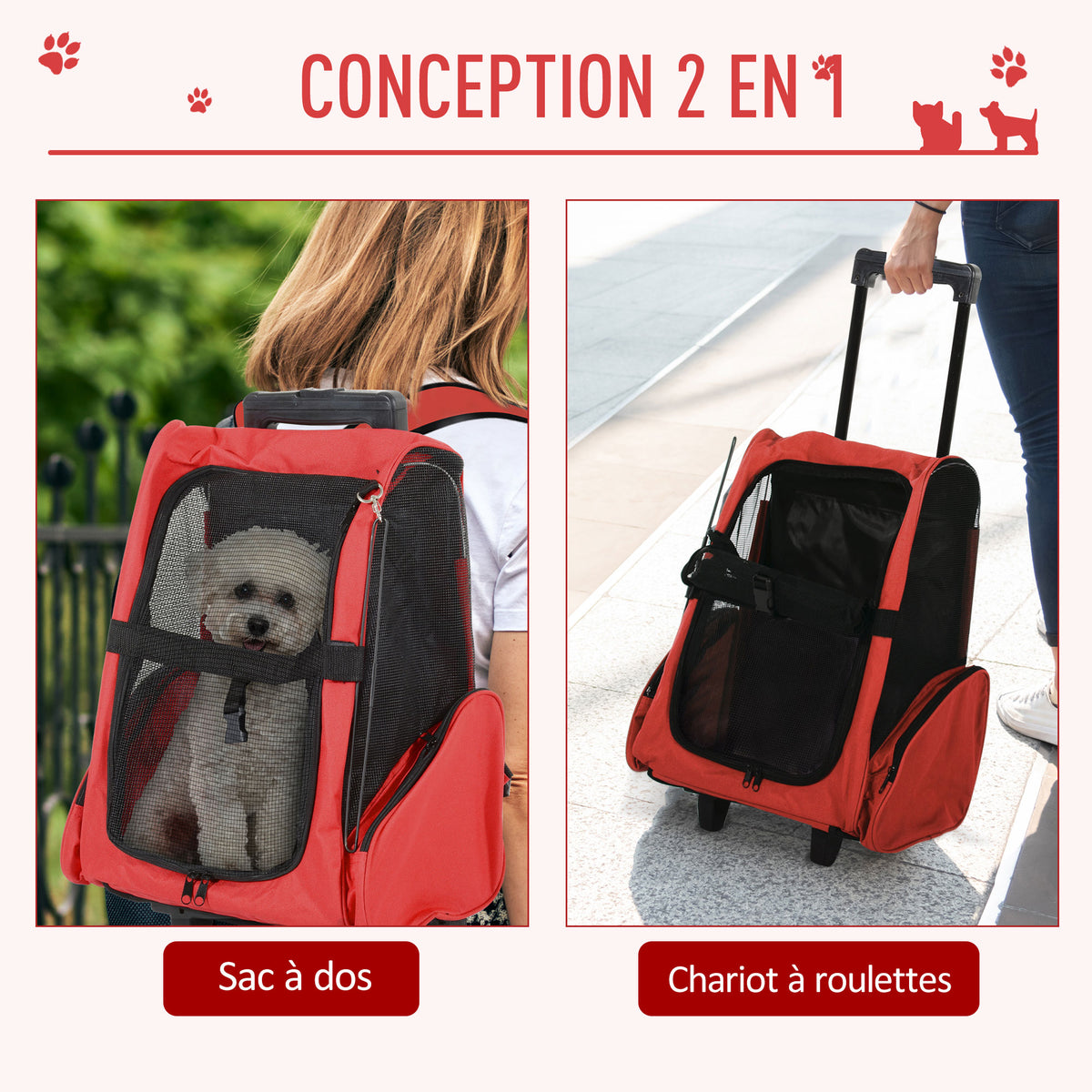 Sac de transport à roulettes pour chien 2 en 1 trolley chariot sac à dos pour chien chat avec poignée téléscopique, sacs de rangement, aérations, attache de sécurité, 42 x 25 x 55 cm, rouge