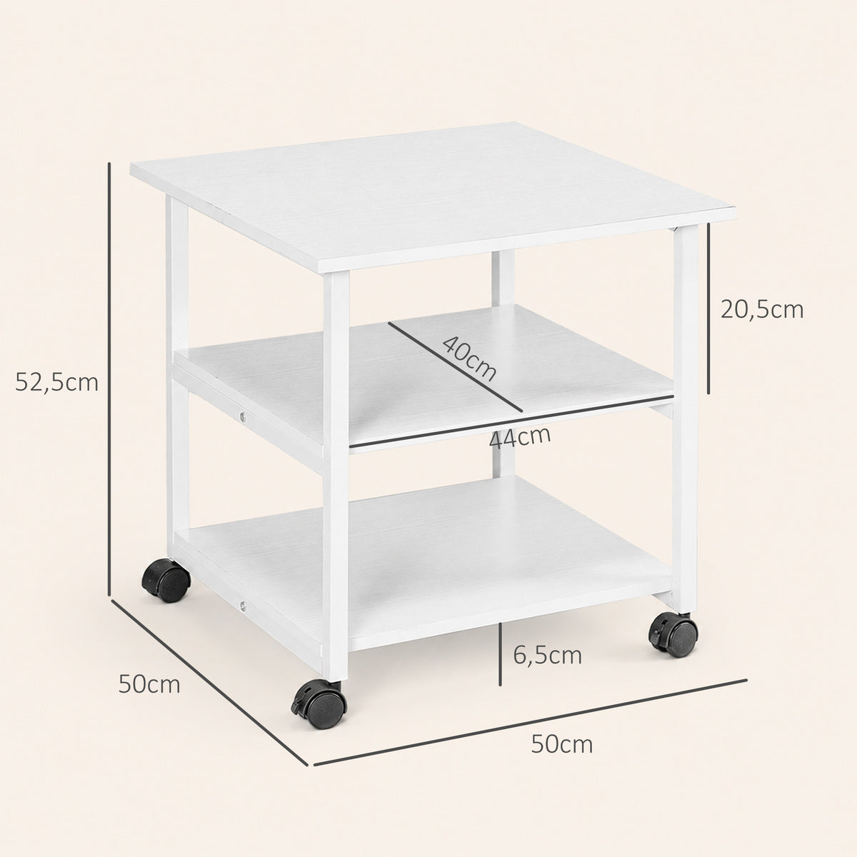 Support d'imprimante desserte de rangement 3 niveaux étagères mobile sur roulettes 50L x 50l x 52,5H cm