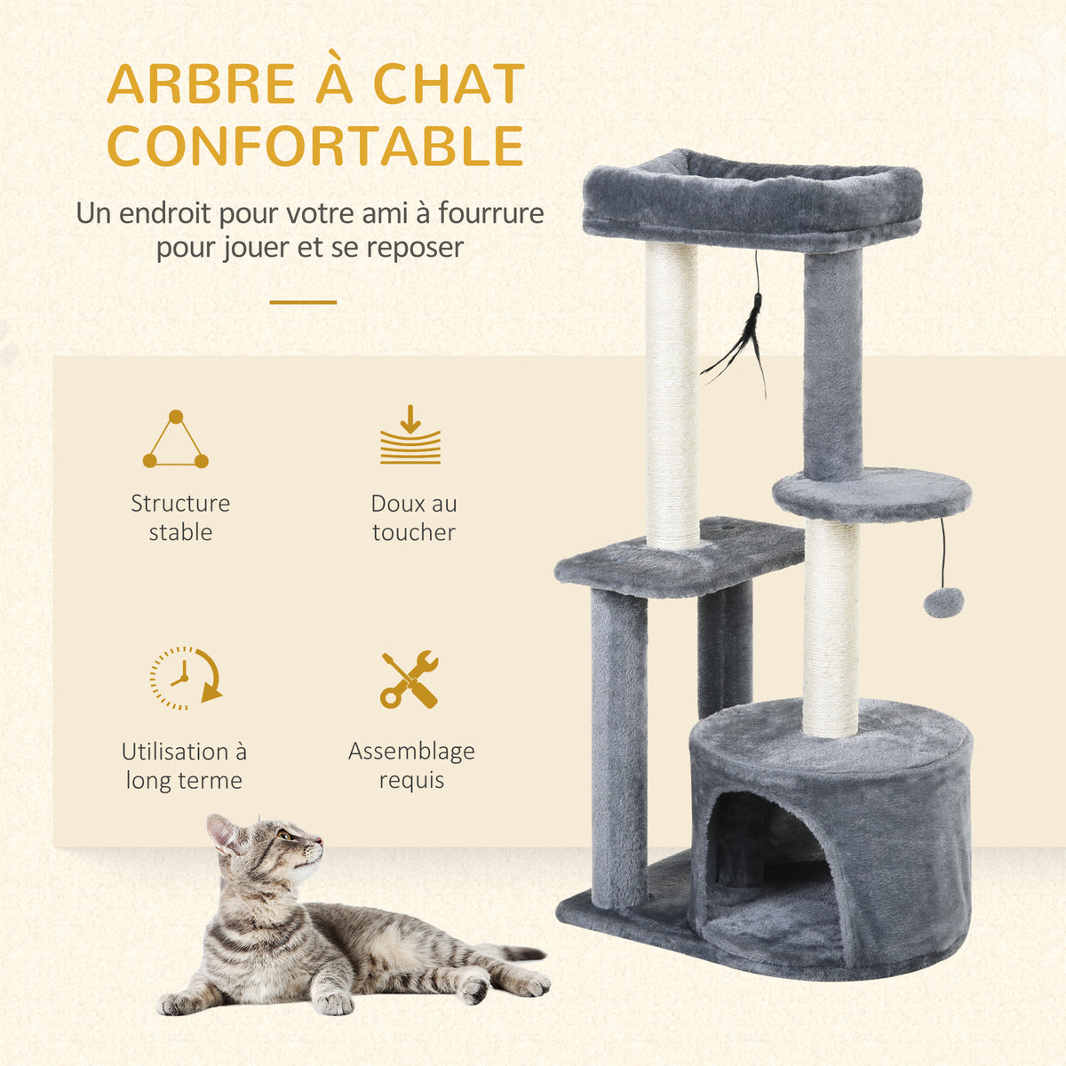Arbre à chats avec griffoirs grattoirs sisal naturel centre d'activités niche plateformes 2 jouets suspendus gris