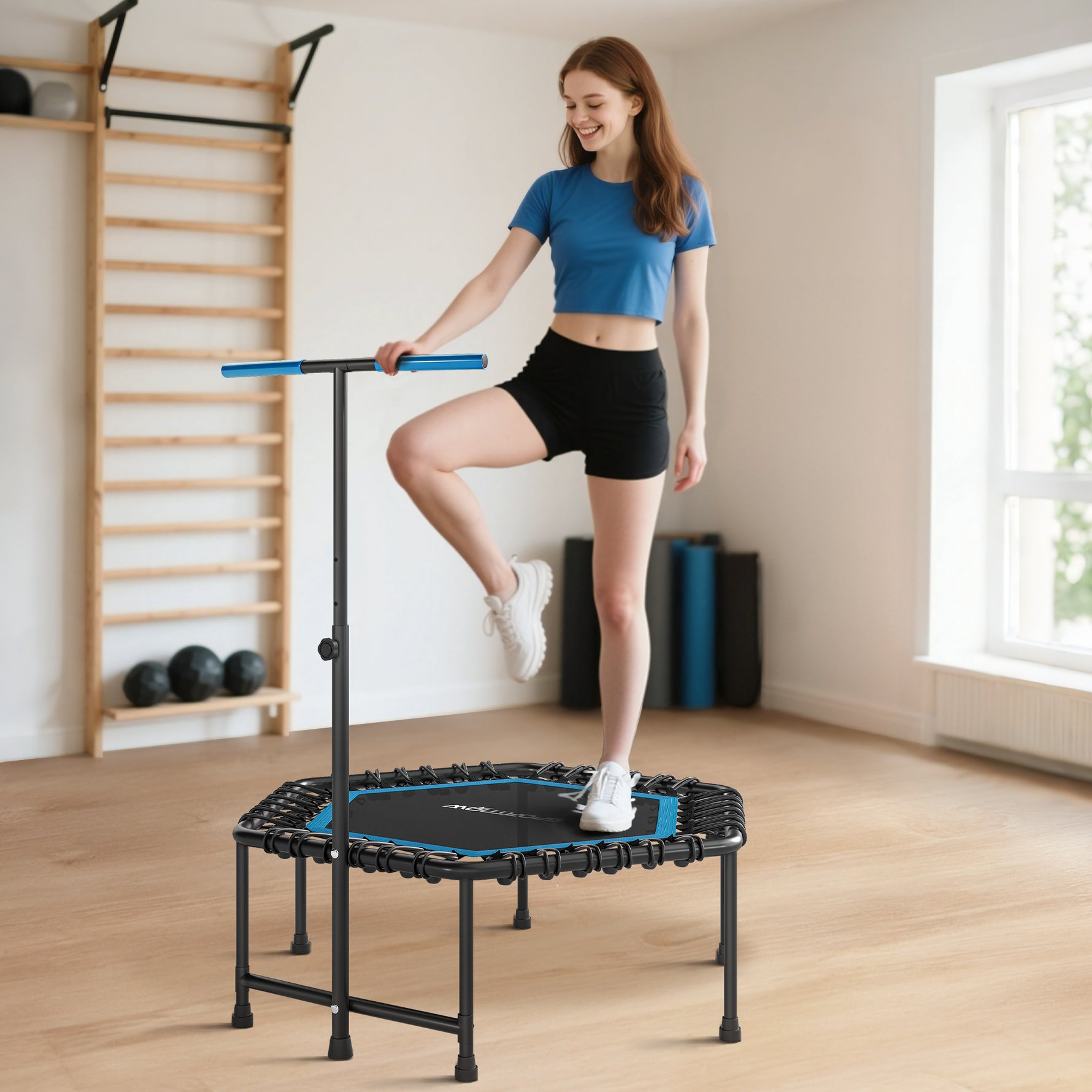 Trampoline de fitness 114 cm, cordes élastiques, poignée réglable 3 positions, trampoline d'exercice silencieux, bleu