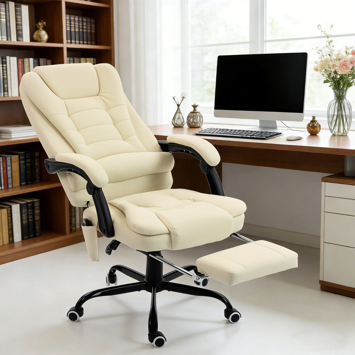 Fauteuil de bureau massant, chaise de bureau avec hauteur réglable, dossier inclinable et télécommande filaire, beige