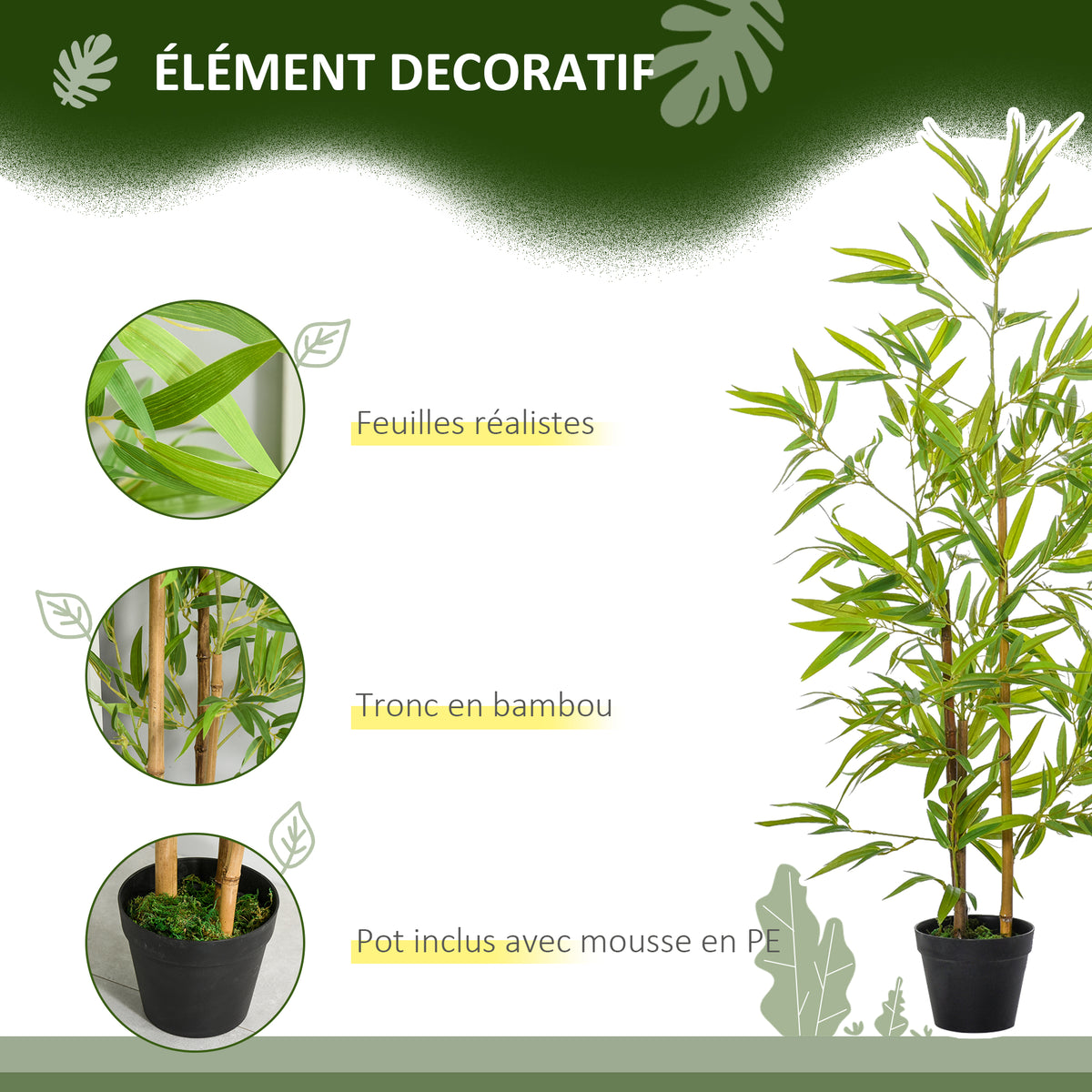 Bambous artificiels 1,20H m réalistes par Bambou avec Vrais Troncs - Pot Inclus Noir Vert