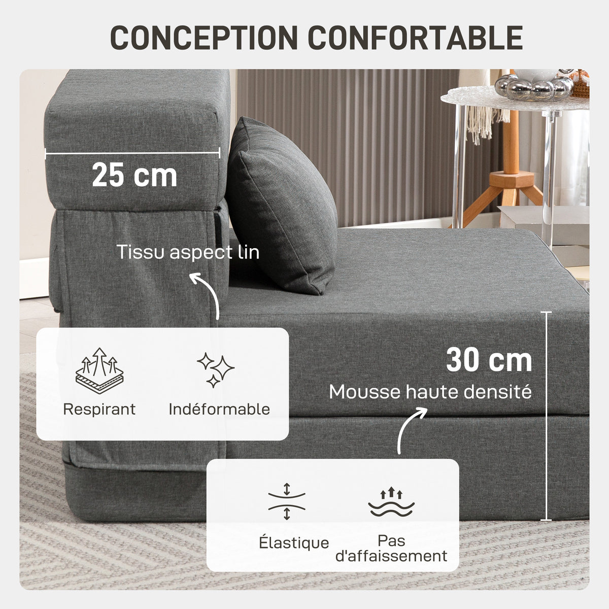 Fauteuil convertible 1 place fauteuil lit pliant, coussin inclus, pour invités, salon, petit espace, charge 120 kg, gris