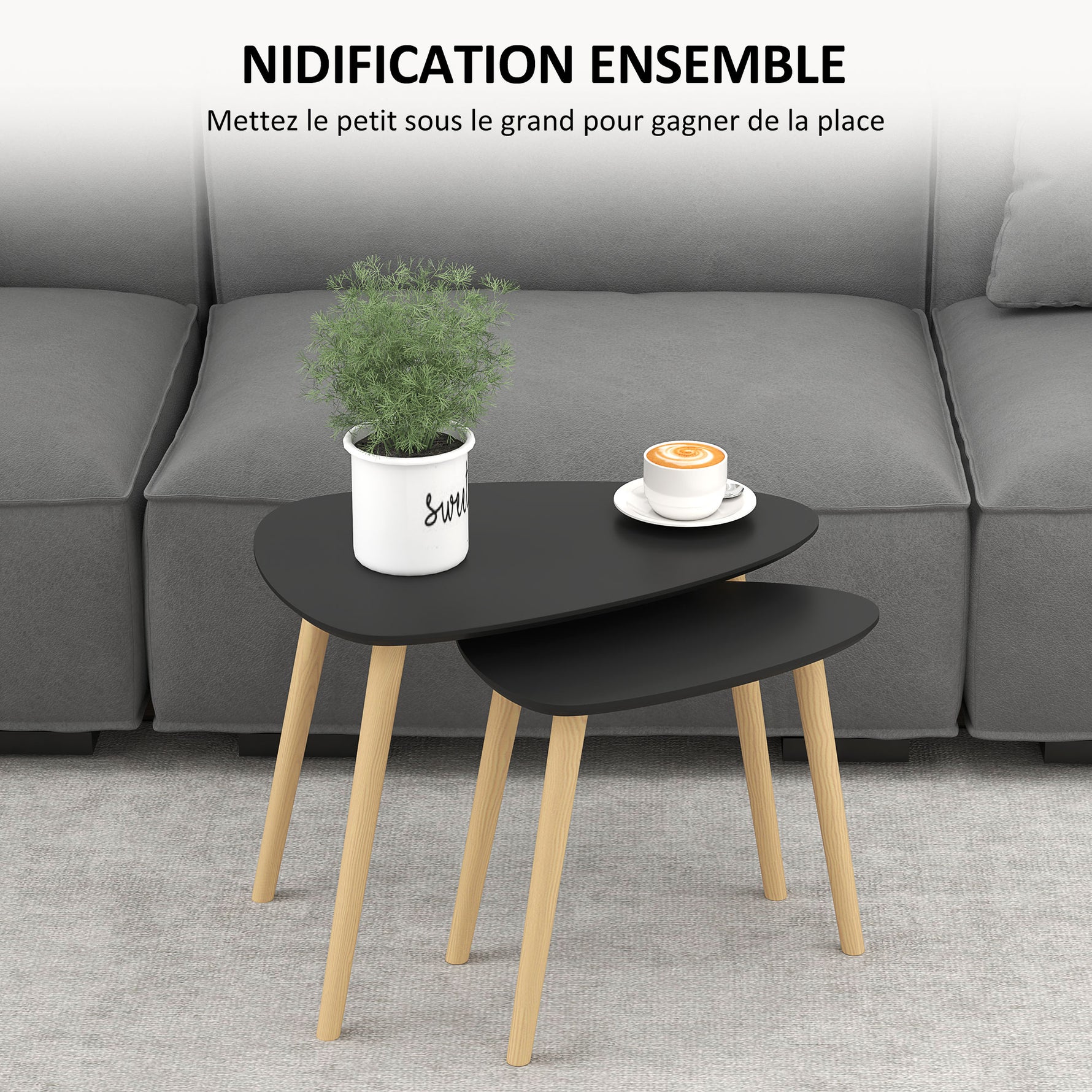 Lot de 2 tables basses gigognes design scandinave pieds en bois et plateau en bois, noir
