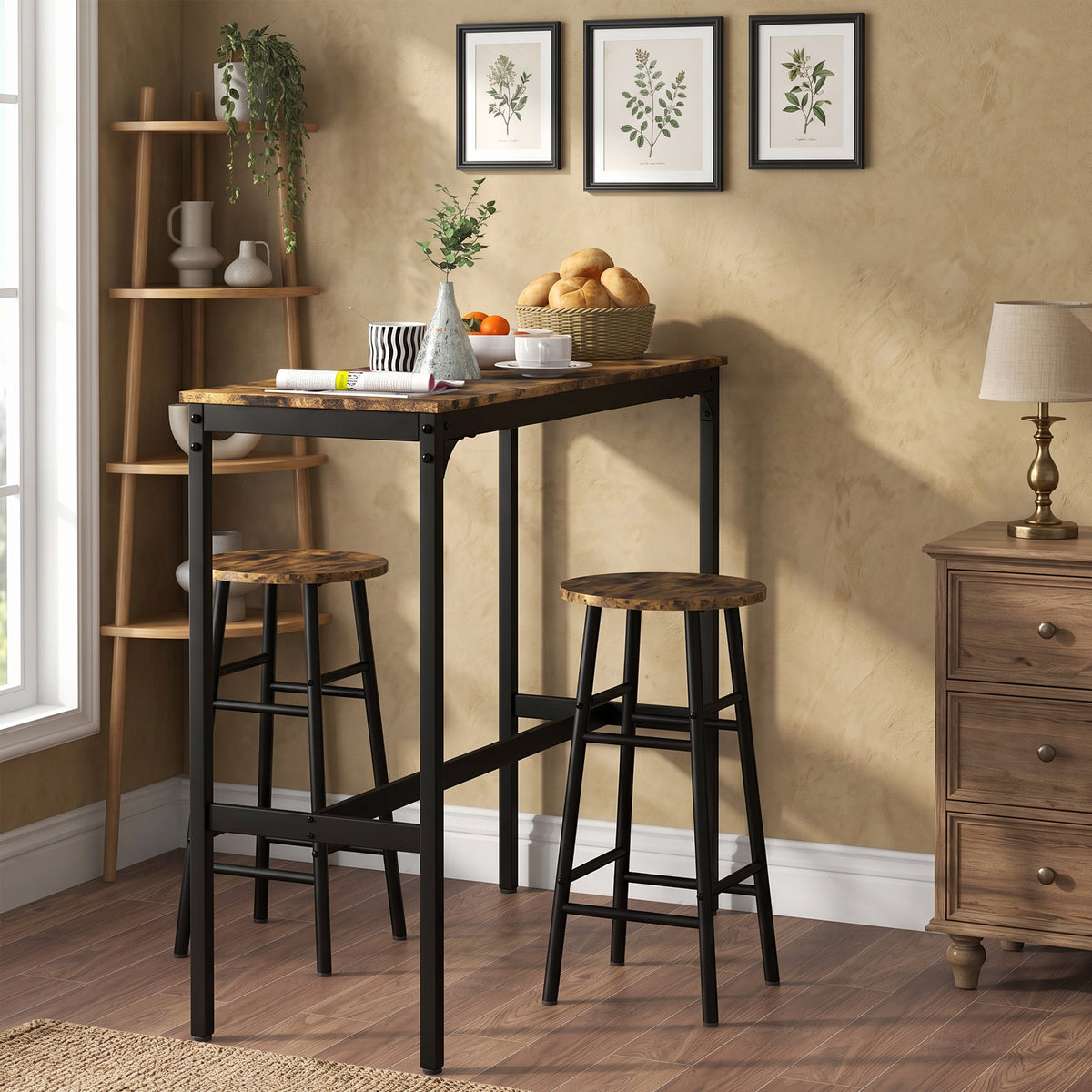 Conjunto de mesa alta de bar + 2 taburetes, estructura de acero, tablero con efecto madera de caoba, para 2 personas, negro