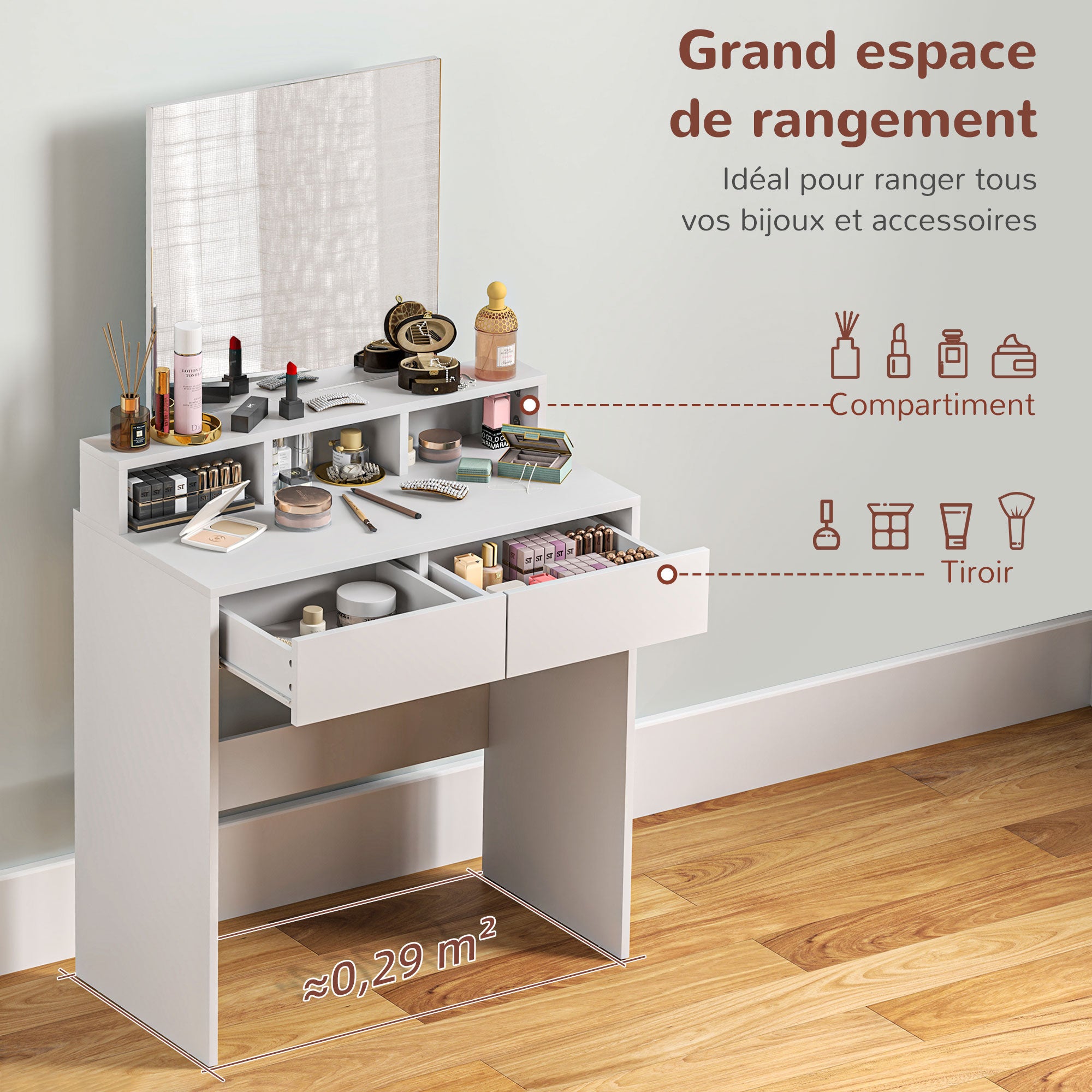 Dressing table with mirror, makeup table with 2 drawers and 3 compartments, modern style, 75 x 38 x 135 cm, white