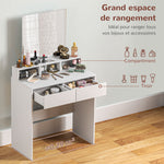 Tocador con espejo, mesa de maquillaje con 2 cajones y 3 compartimentos, estilo moderno, 75 x 38 x 135 cm, blanco