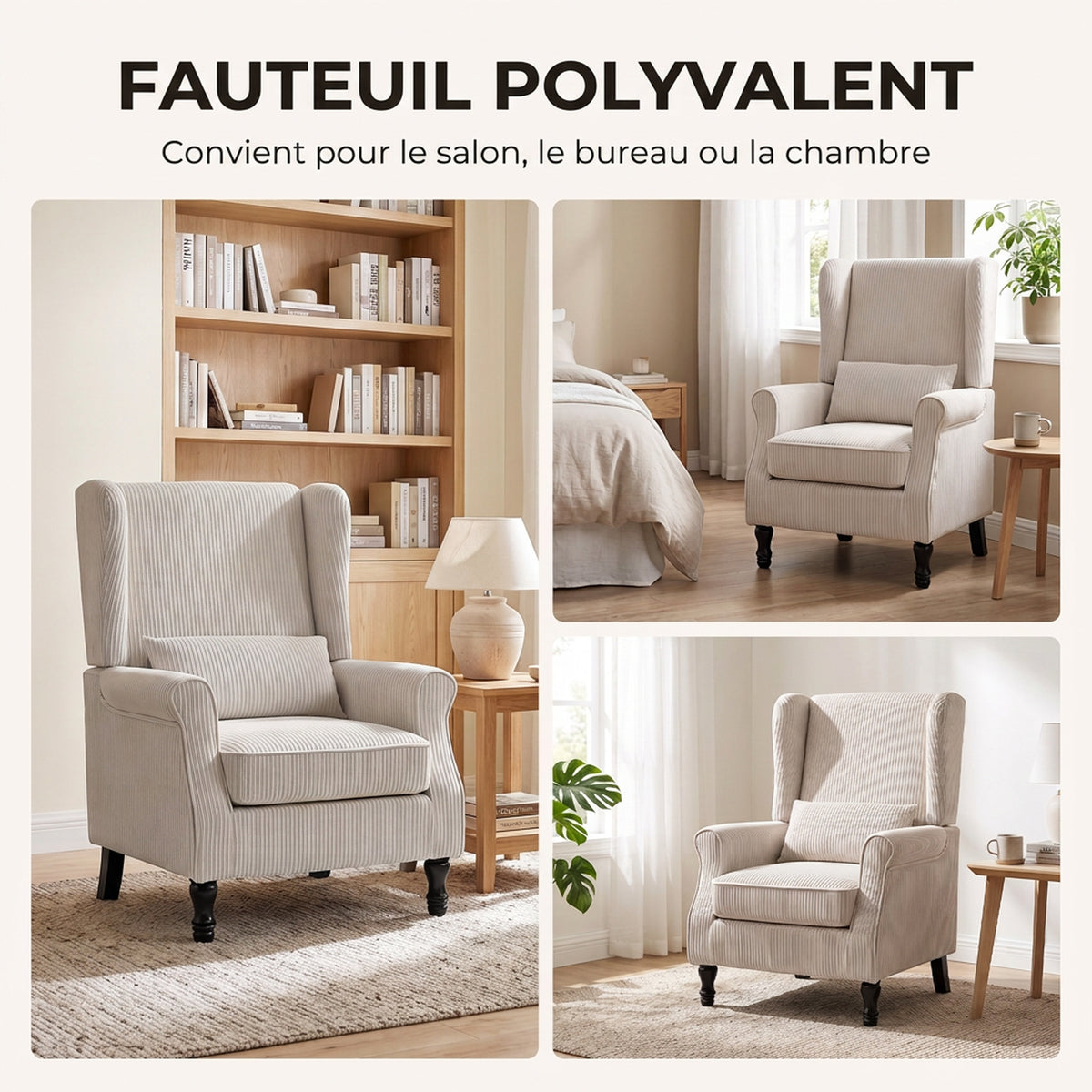 Wohnzimmersessel, moderner Beistellsessel aus Cord mit hoher Ohrensessel-Rückenlehne, Lendenkissen, Beige