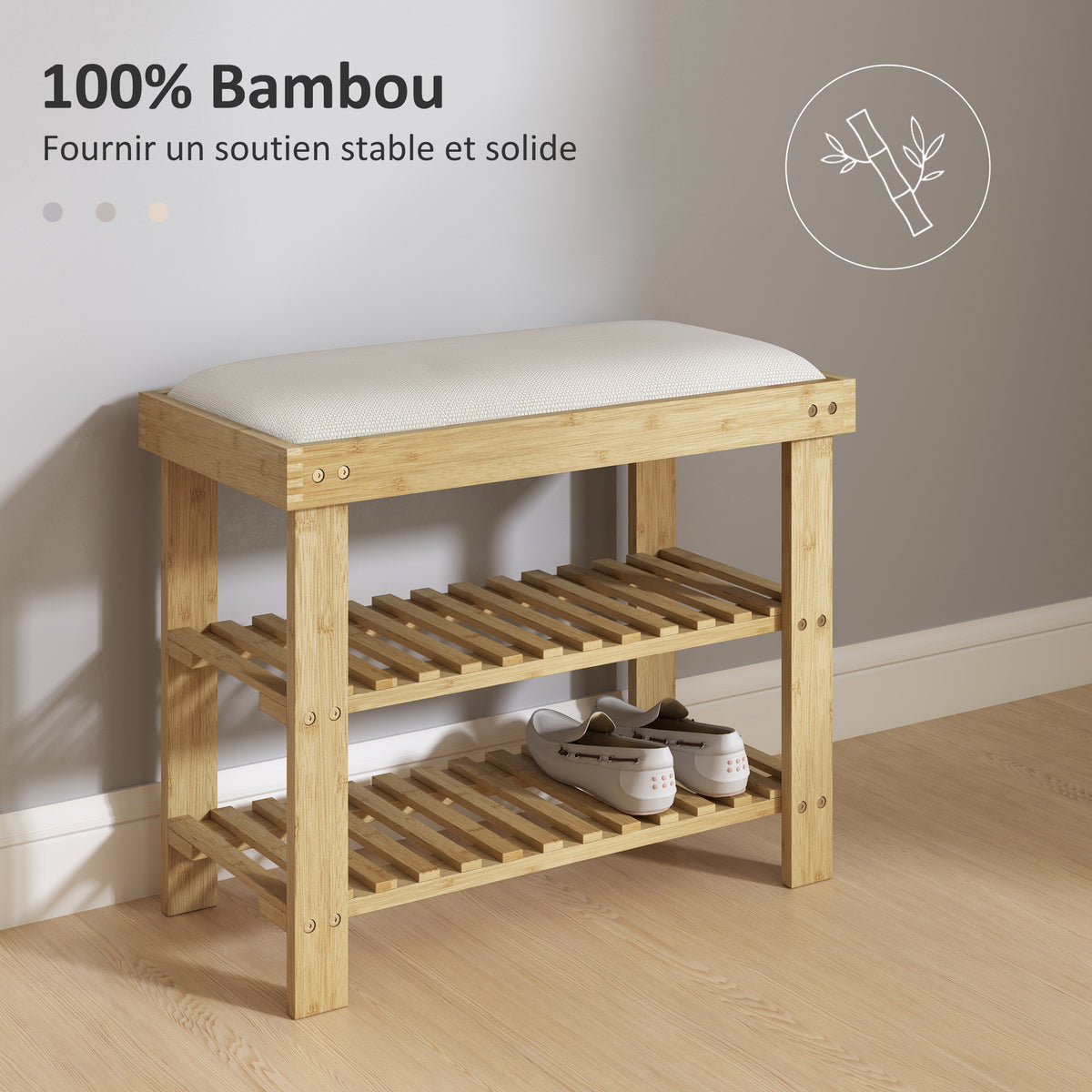 Banc à chaussures en bambou, étagère à chaussures à 3 niveaux, style scandinave, 60 x 29 x 49 cm, crème et bois naturel