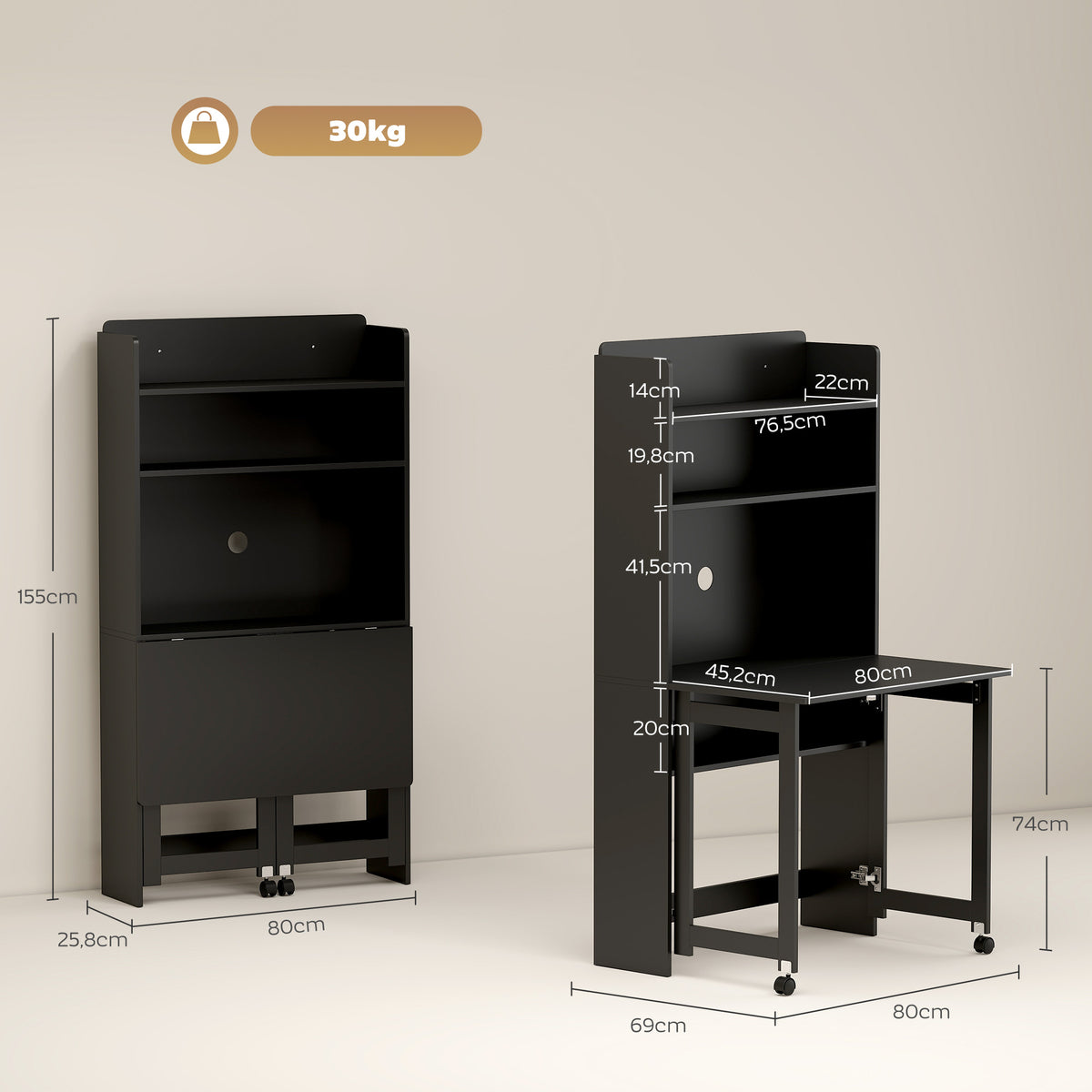 Bureau Informatique avec Étagères de Rangement, Plateau Rabattable, 2 Roulettes, pour Chambre, Salon, 80x69x155cm, Noir