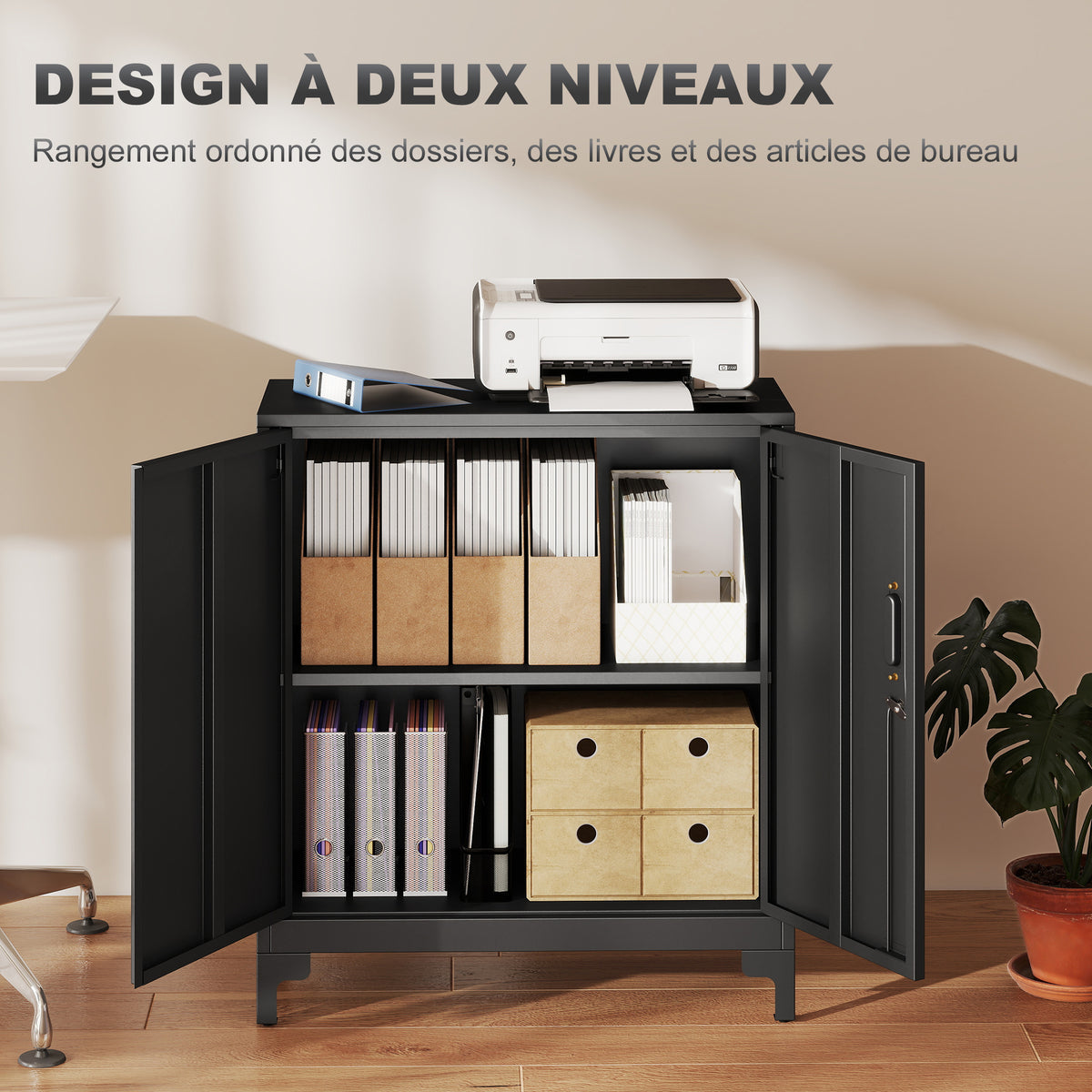 Büroschrank mit 2 Ebenen, Metall-Büroaufbewahrung mit 2 abschließbaren Türen, 80 x 35 x 91 cm, schwarz