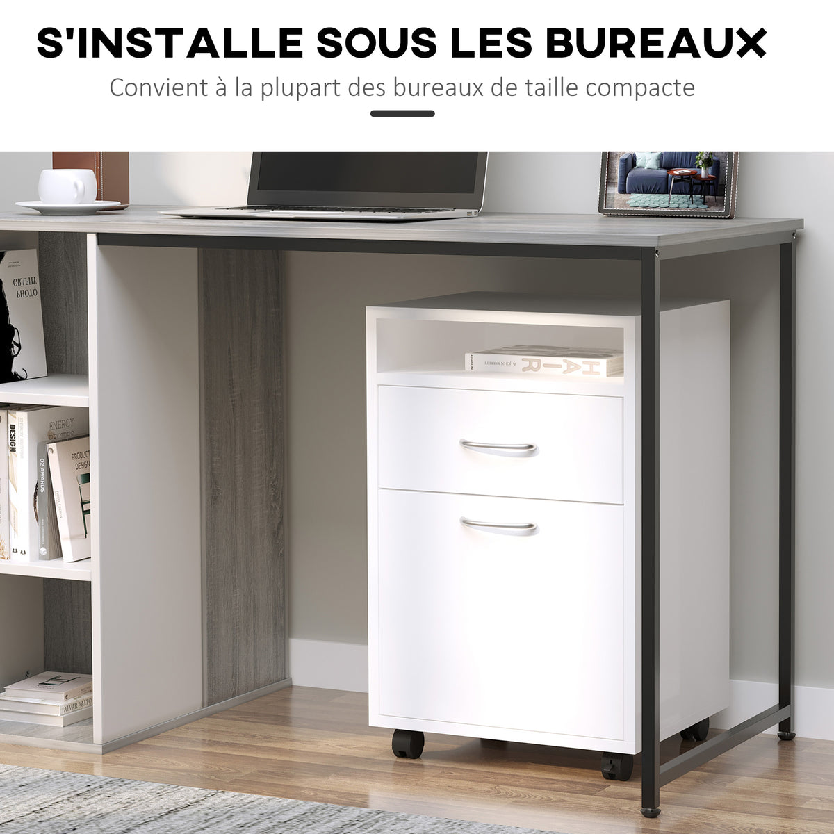 Lot de 2 caissons de bureau rangement de bureau sur roulettes tiroir placard niche panneaux particules blanc