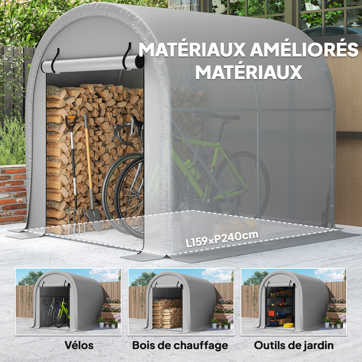 Abri de Jardin Tente de Stockage Acier Galvanisé & 160g/m² PE Anti-UV pour Moto et Tondeuse 159x240x185cm Gris Clair