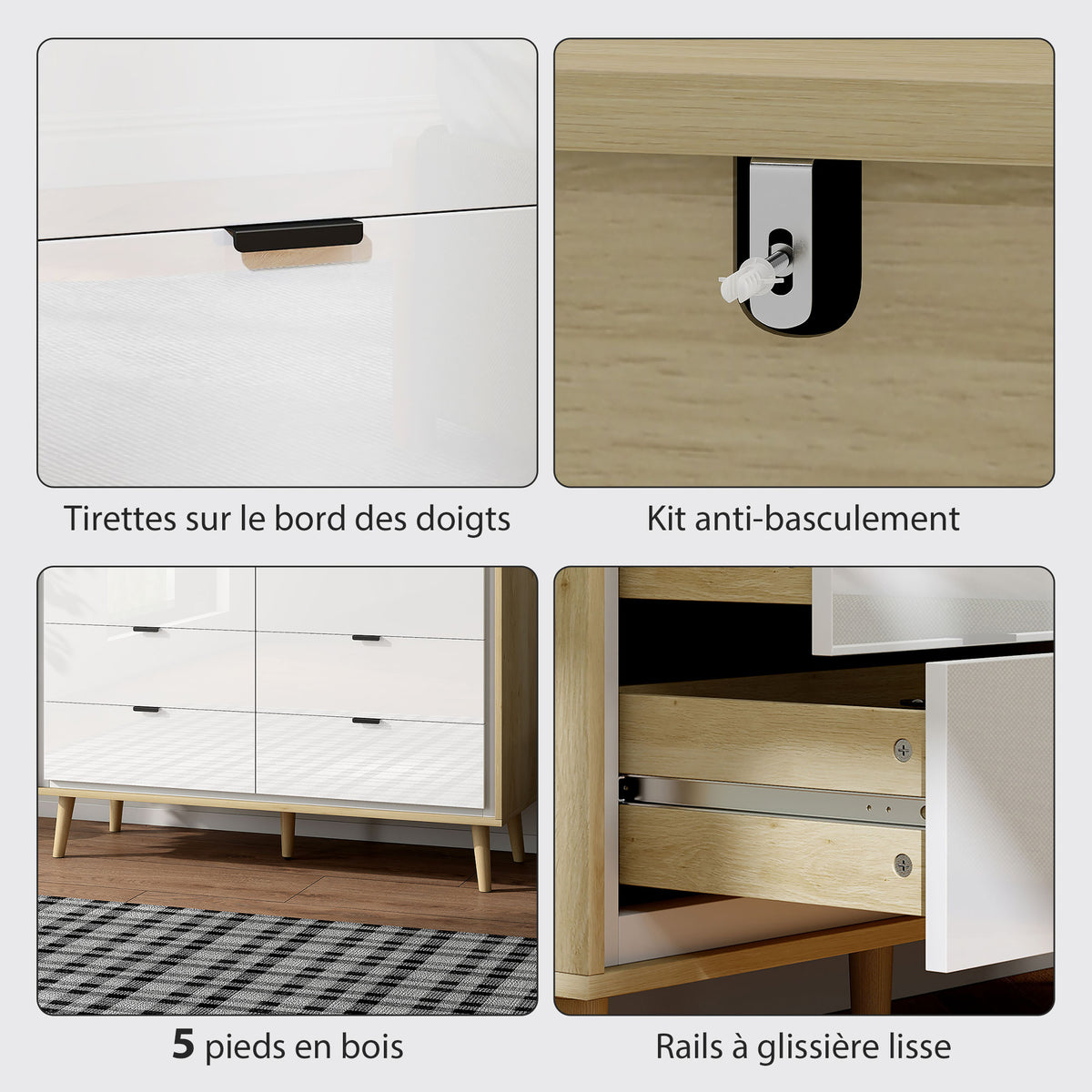 Commode 6 tiroirs, meuble de rangement à haute brillance, 5 pieds en bois, 110 x 40 x 75 cm, blanc et chêne