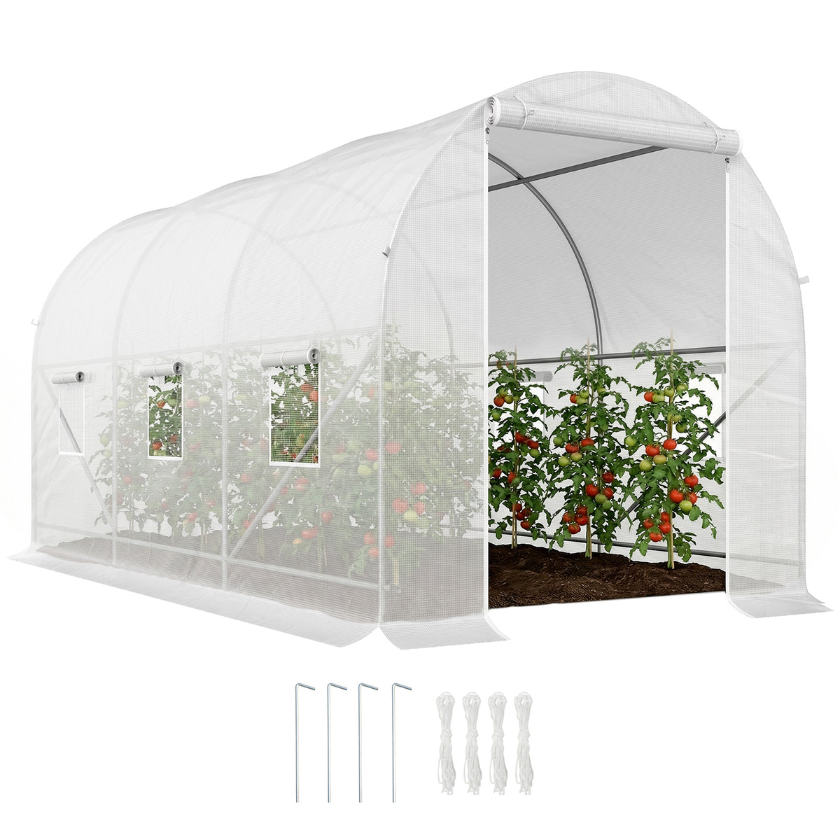Serre tunnel de jardin 7m², serre de jardin tunnel avec porte et 6 fenêtres, bâche PE 140 g/m² 350 x 200 x 200 cm blanc