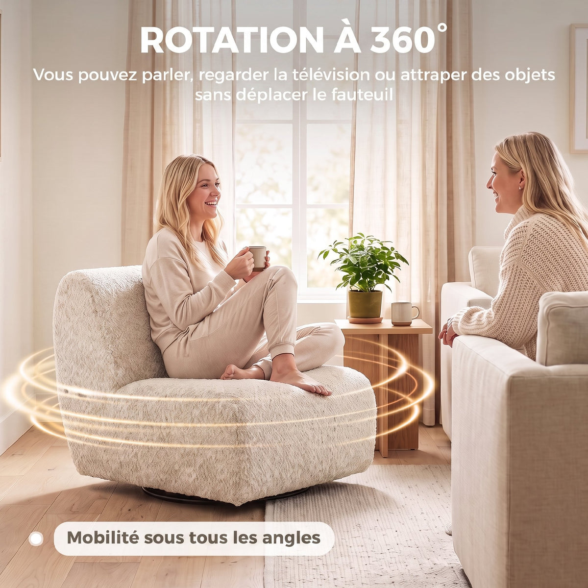 Fauteuil de salon pivotant 360°, canapé 1 place rembourré en chenille avec assise extra-large, rembourrage épais, beige
