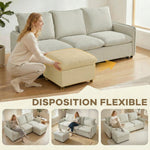 Canapé 3 places avec pouf de rangement, canapé d'angle modulable 212 cm, coussins à ressorts, tissu en lin, crème