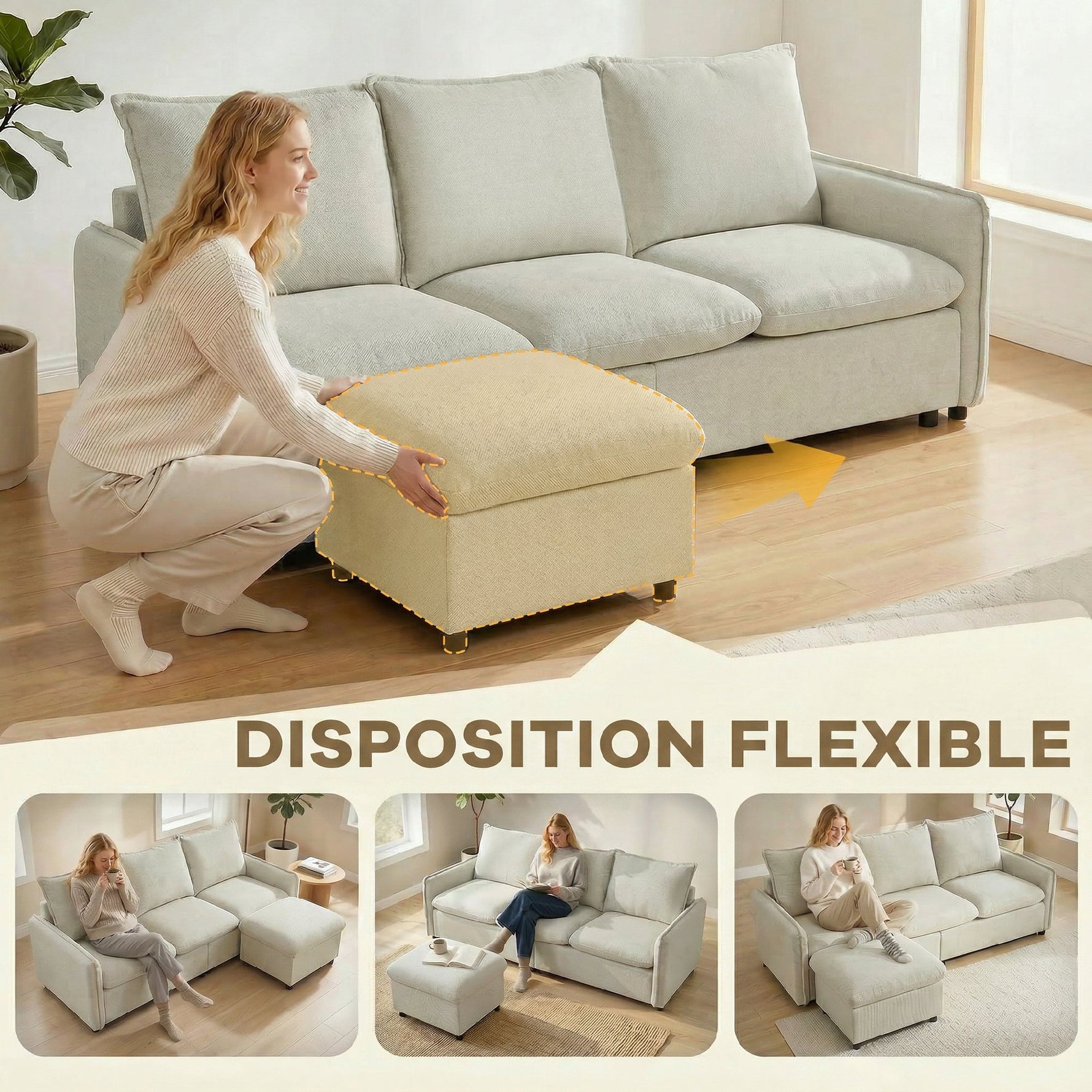 Canapé 3 places avec pouf de rangement, canapé d'angle modulable 212 cm, coussins à ressorts, tissu en lin, crème
