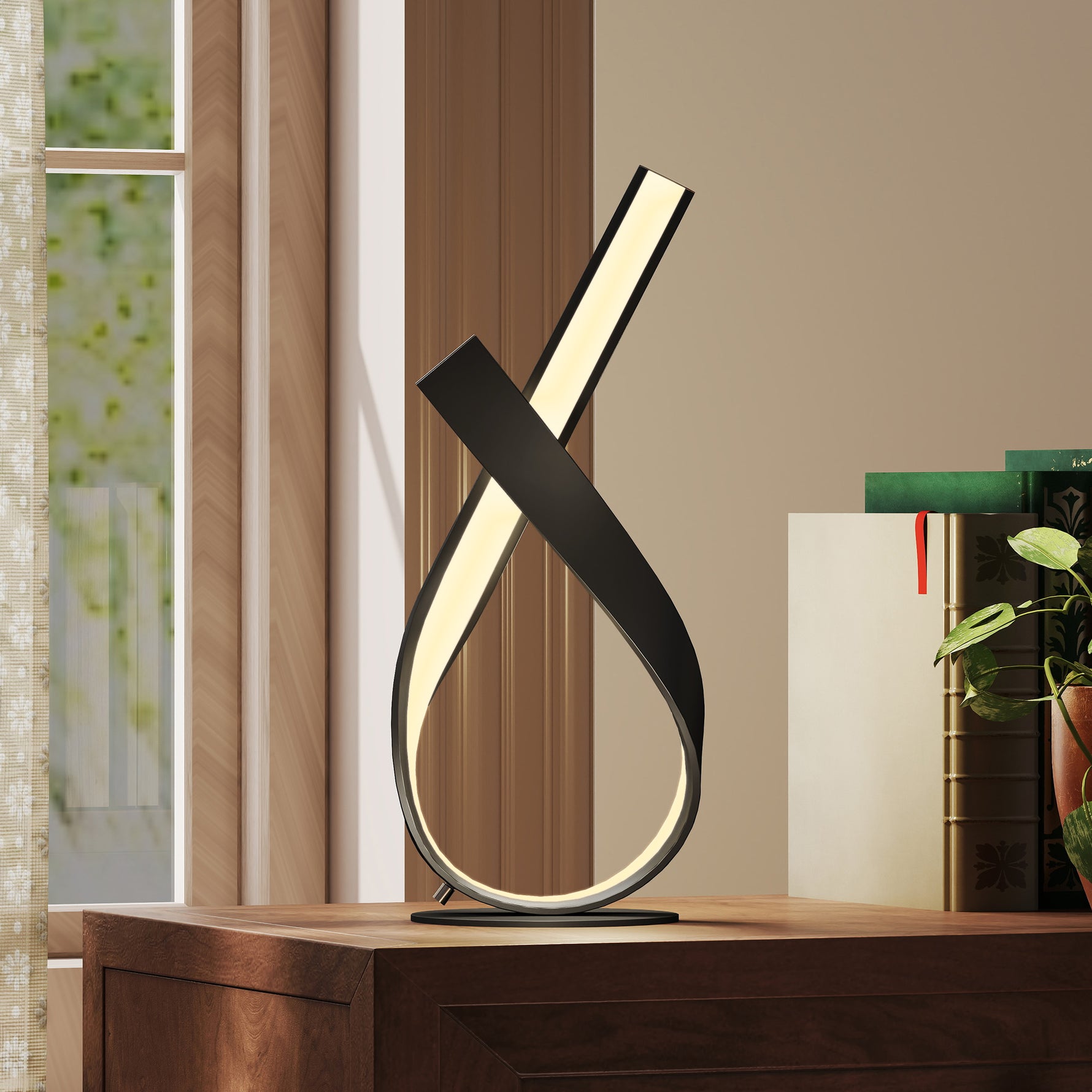 Lampe à poser design contemporain - lampe de table design spirale - dim. 21L x 15l x 43H cm - alu. noir LED blanc chaud