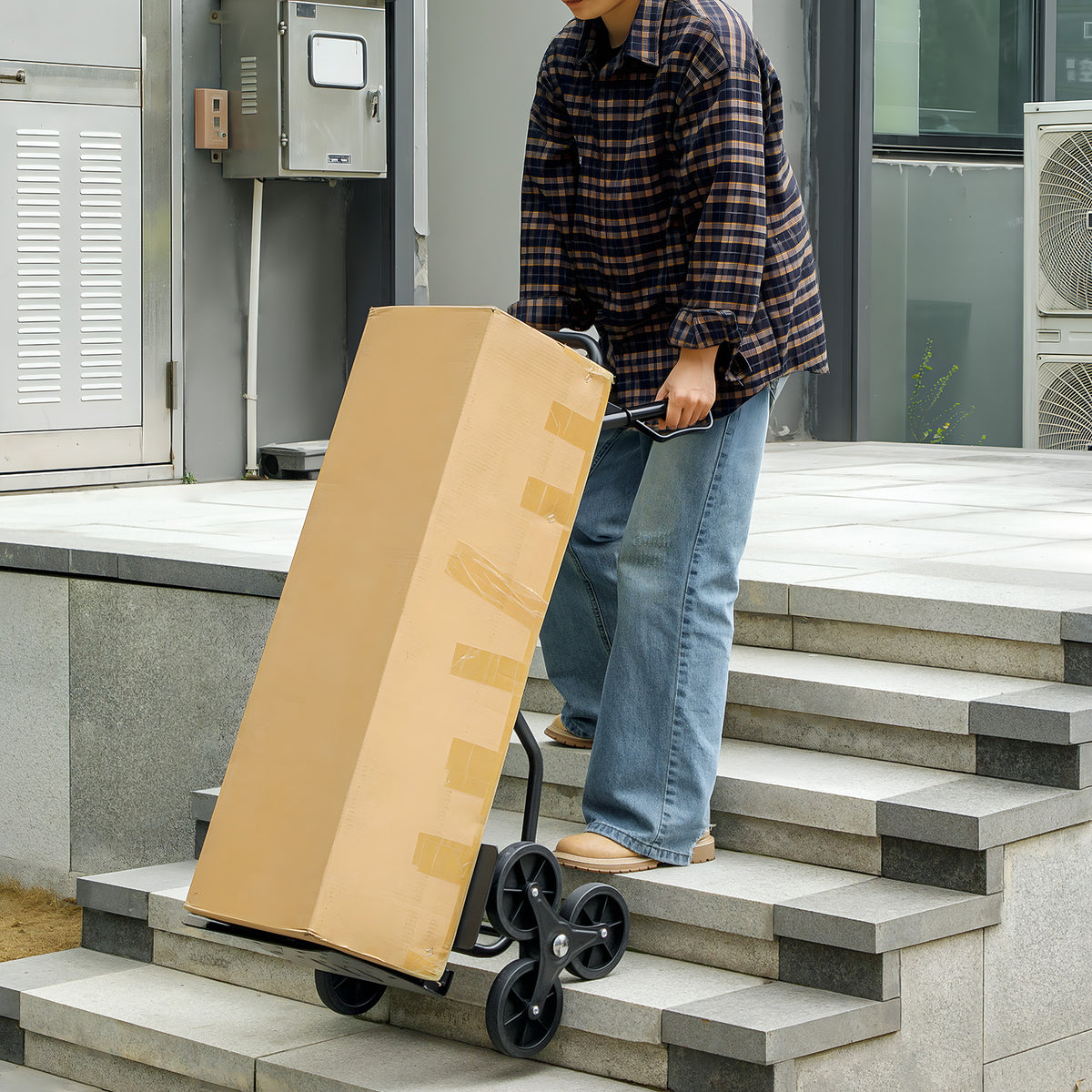 Klappbare Treppensackkarre 120 kg mit 6 Rädern, Stahl-Transportkarre mit Spanngurten, 44x67x106,5 cm, schwarz