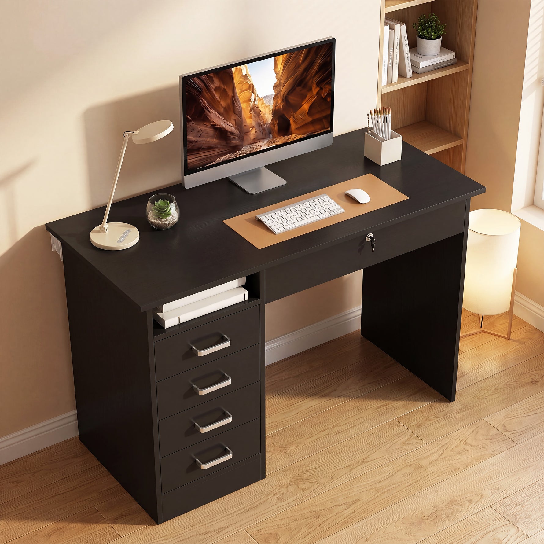 Bureau moderne avec 5 tiroirs, grand plateau, 1 compartiment ouvert, tiroir verrouillable, 110 x 50 x 76cm, noir