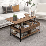 Table basse relevable table de salon compartiment caché 2 étagères inférieures 100 x 80 x 60 cm marron rustique noir