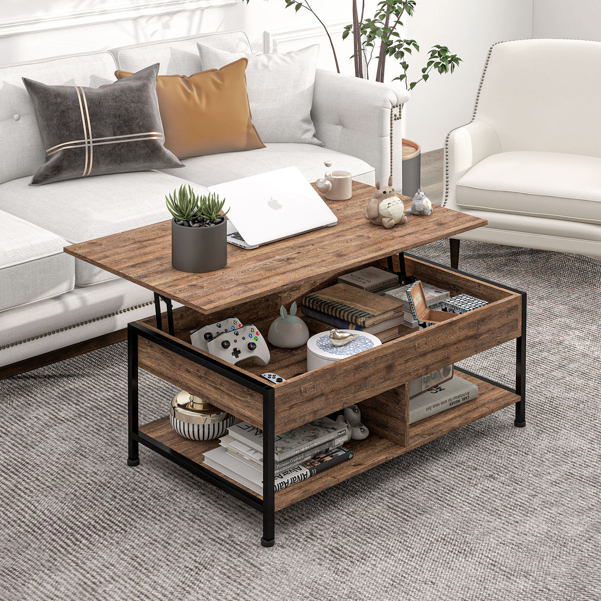 Table basse relevable table de salon compartiment caché 2 étagères inférieures 100 x 80 x 60 cm marron rustique noir