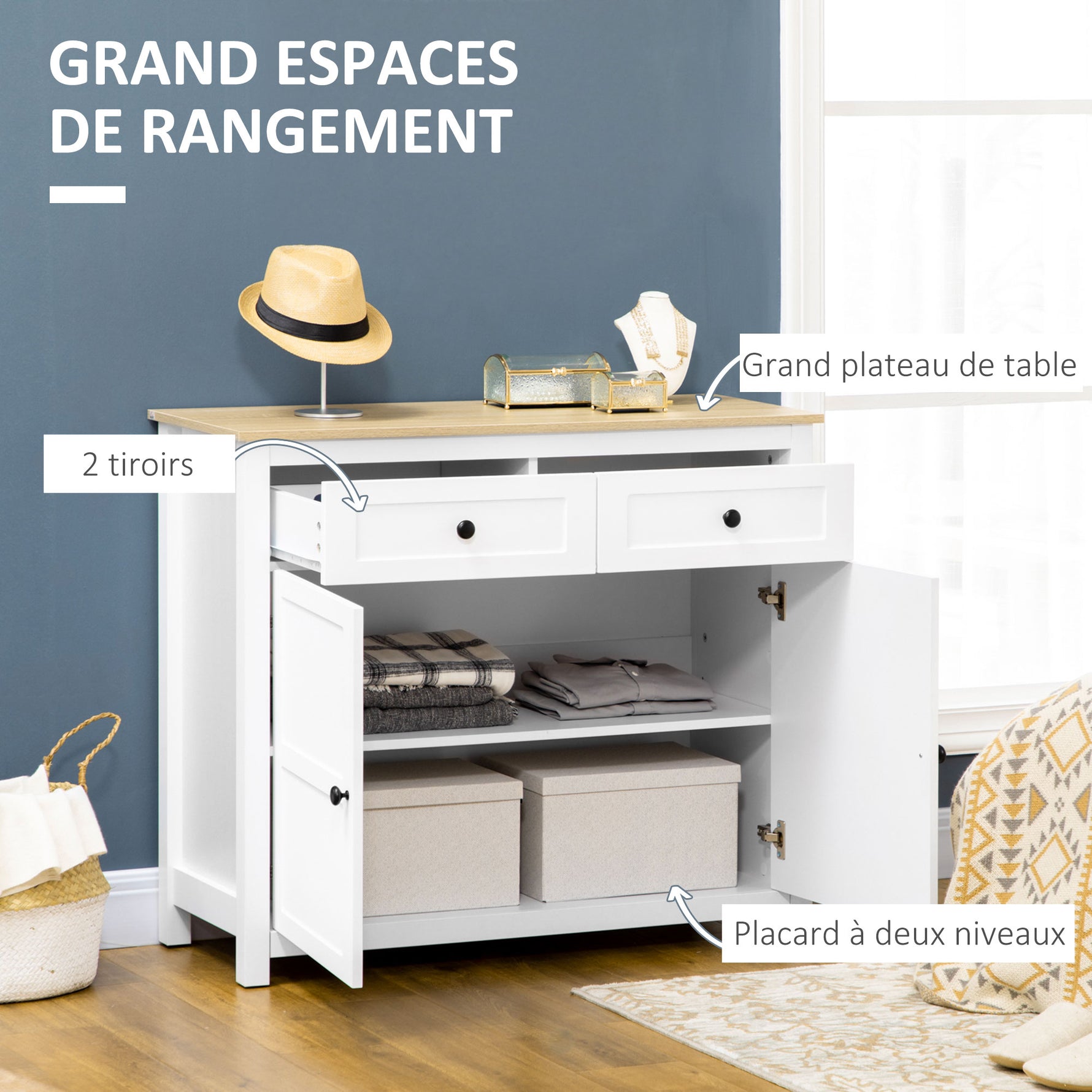 Commode meuble de rangement 2 portes avec étagère réglable en hauteur 2 tiroirs 100 x 40 x 85 cm blanc et aspect bois