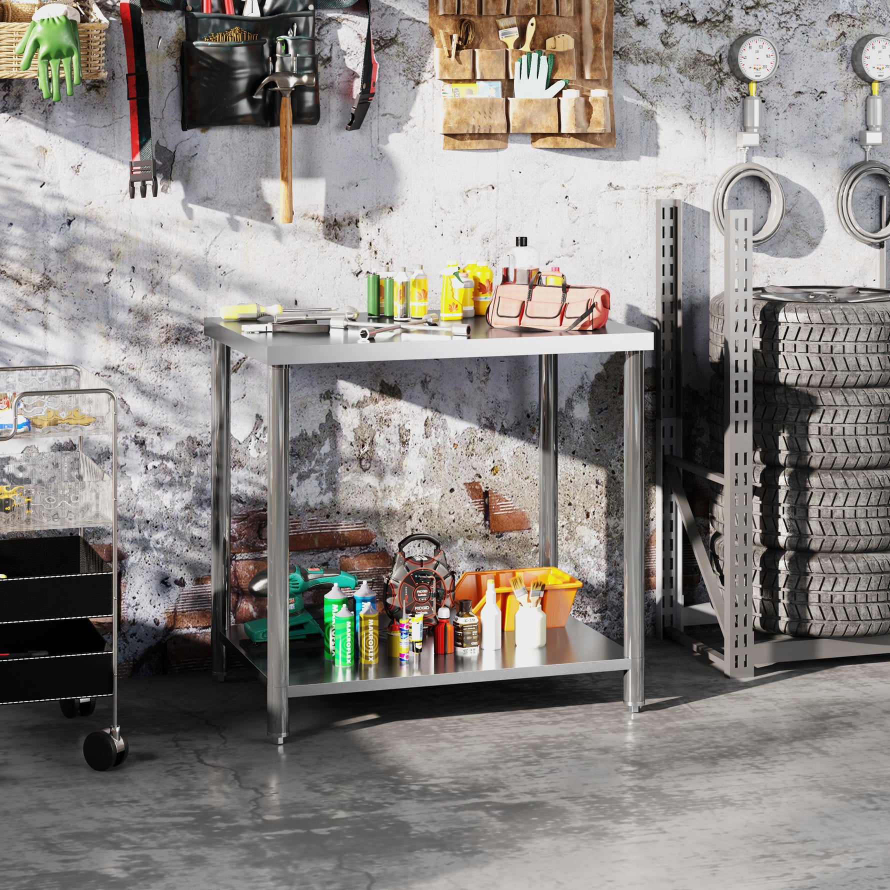 Table de travail en acier inoxydable 2 étagère, pour cuisine, garage, jardin, 90 x 60 x 86 cm, argenté