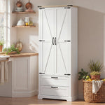 Buffet haut cuisine, armoire de cuisine avec 2 portes, 2 tiroirs, étagères réglables, style rustique, 76x40x180cm, blanc