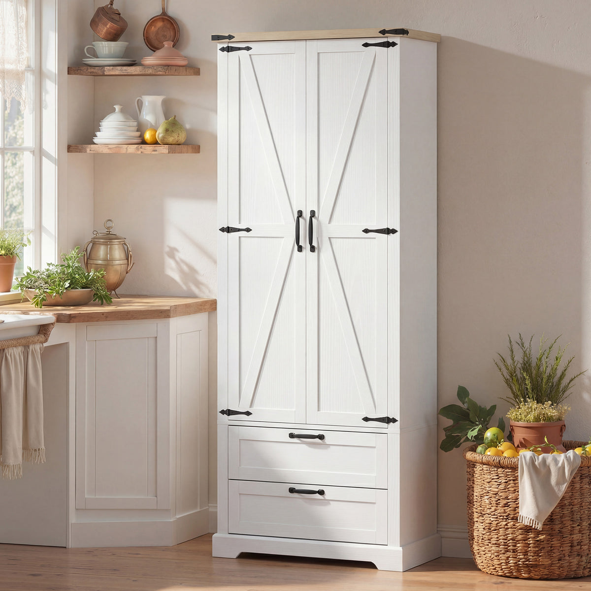 Buffet haut cuisine, armoire de cuisine avec 2 portes, 2 tiroirs, étagères réglables, style rustique, 76x40x180cm, blanc