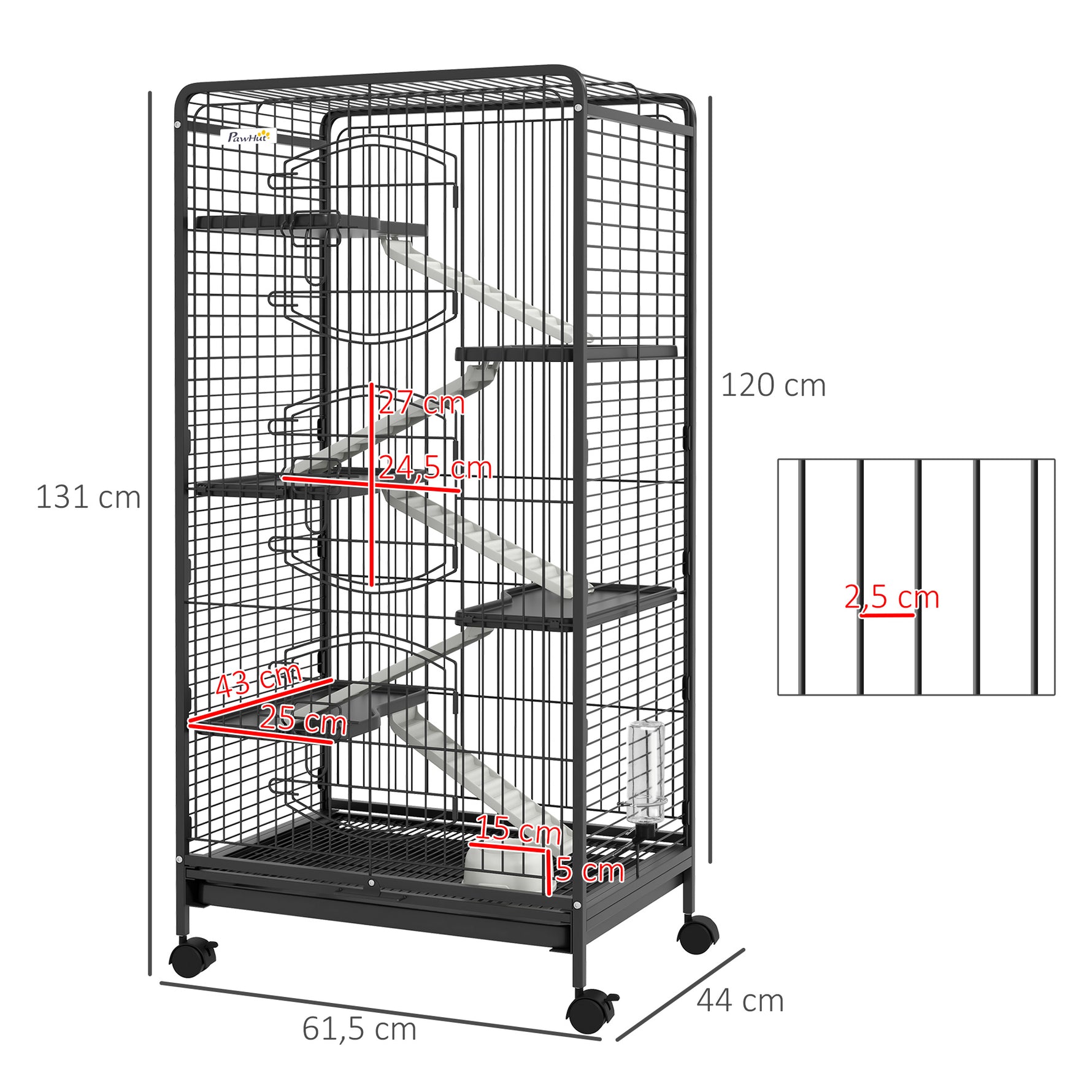 Cage pour Petits Animaux Roulante 5 Rampes 5 Plates-formes Plat et Bouteille d'Eau 250 ml Bac Inférieur Amovible
