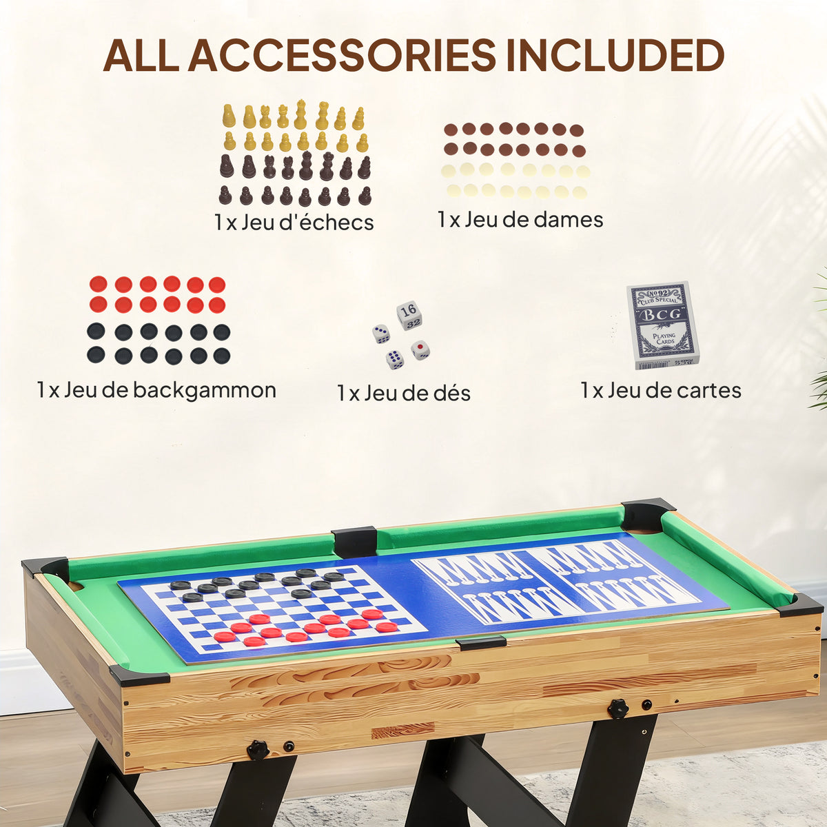Table multijeux 13 en 1 pliable, table de jeu baby-foot, billard, pour enfants et adultes 120 x 106 x 82 cm noyer clair