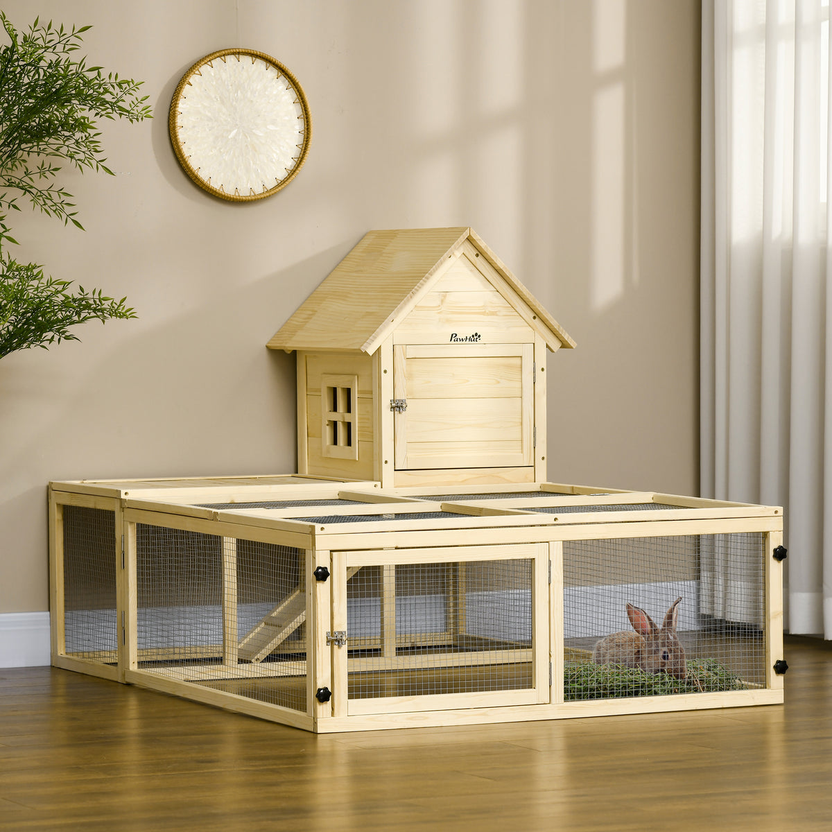 Conejera de madera con recinto para animales, villa para conejos de 2 niveles con área de juego, rampa y puertas con cerradura