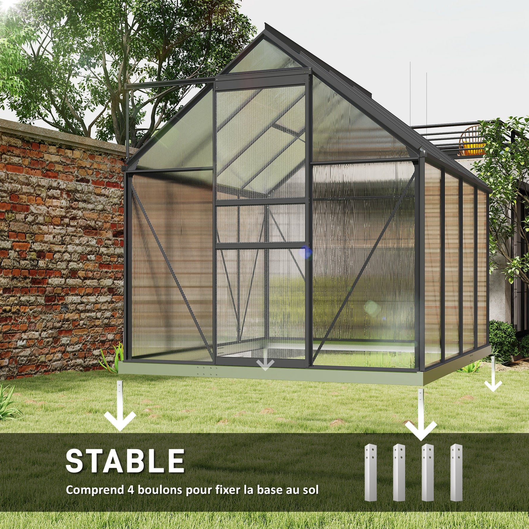 Serre de jardin en polycarbonate 4,8 m²avec fondation, lucarne réglable, porte coulissante 1,9x2,53x1,99m transparent