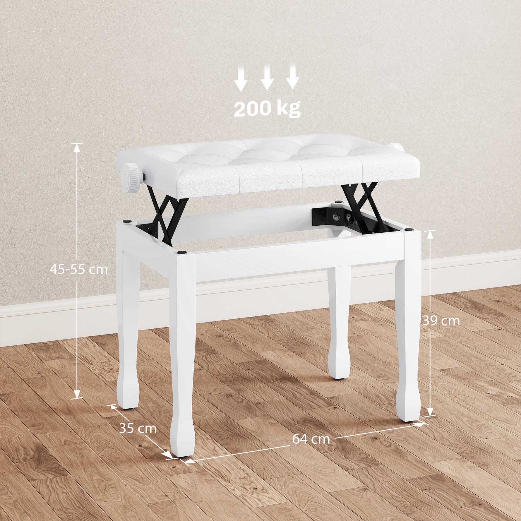 Banc de piano, banc de clavier réglable en hauteur en bois massif, siège rembourré, 64 x 35 x 45-55 cm, blanc